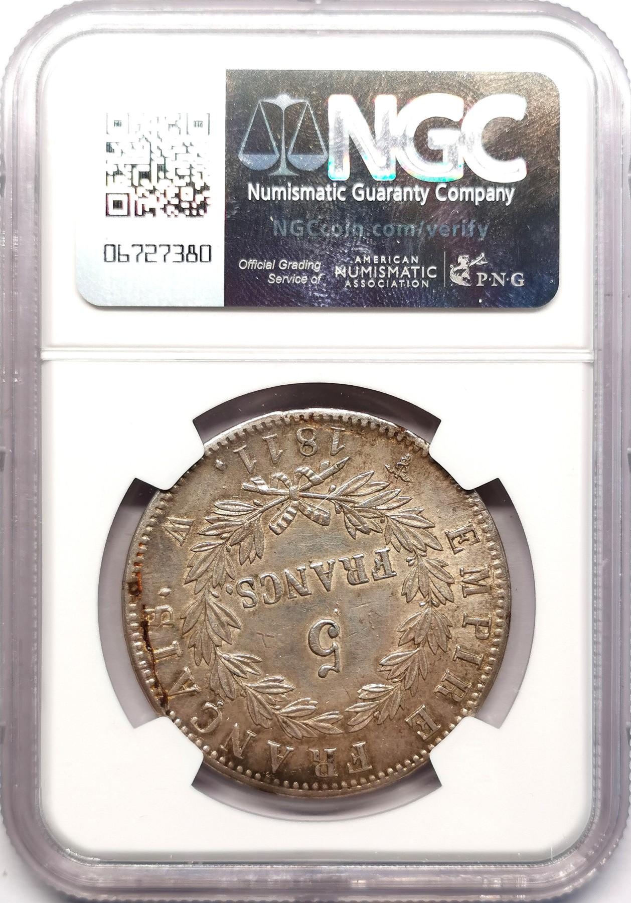 凡希社世界钱币微拍第二百六十二期 1811W法国拿破仑桂冠像5法郎NGC-AU58 里尔厂，黄光柔彩！