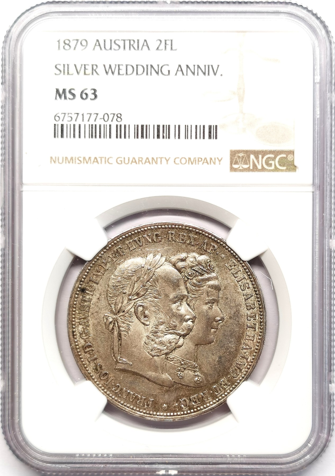 凡希社世界钱币微拍第二百六十二期 1879奥地利茜茜公主银婚2FL纪念大银NGC-MS63经典图案，经典品种！