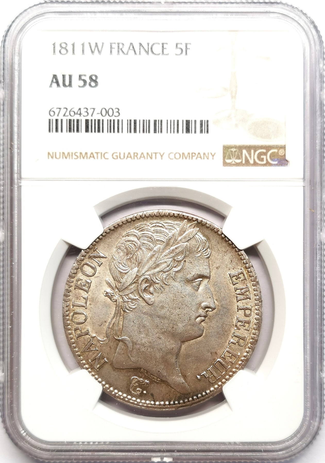凡希社世界钱币微拍第二百六十二期 1811W法国拿破仑桂冠像5法郎NGC-AU58 里尔厂，黄光柔彩！