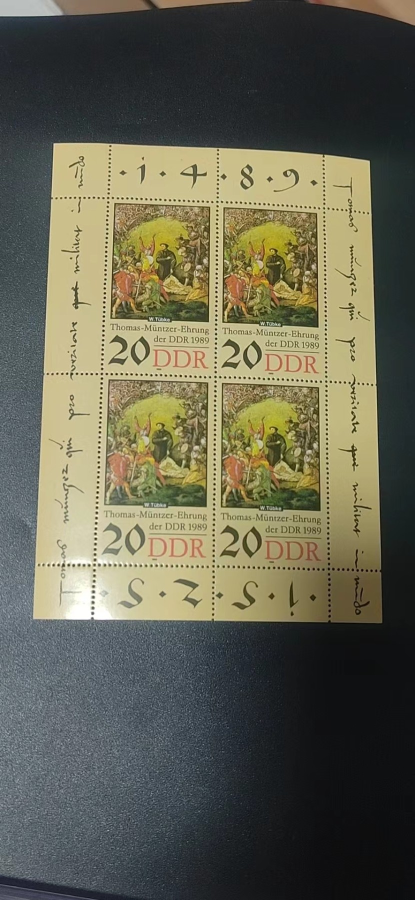 德国邮票，全场小版票  、小全张 德国邮票小版票一张，1989年发行，改革家闵采尔  农民起义绘画小版票，品相如图