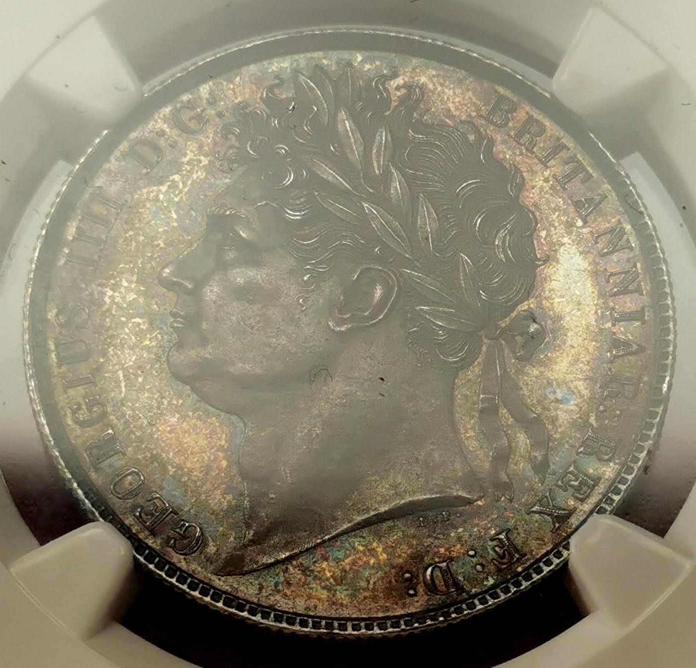 凡希社世界钱币微拍第二百六十二期 荐！1820英国乔治四世1/2克朗精铸NGC-PF63 齿边，纯正英伦五彩，实物状态完全不输前两天圣詹姆斯拍卖行5000镑落锤的P64，见附图。英系精铸精品，永远的硬通货！