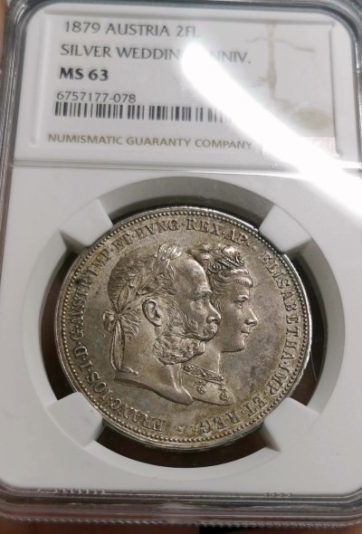 凡希社世界钱币微拍第二百六十二期 1879奥地利茜茜公主银婚2FL纪念大银NGC-MS63经典图案，经典品种！
