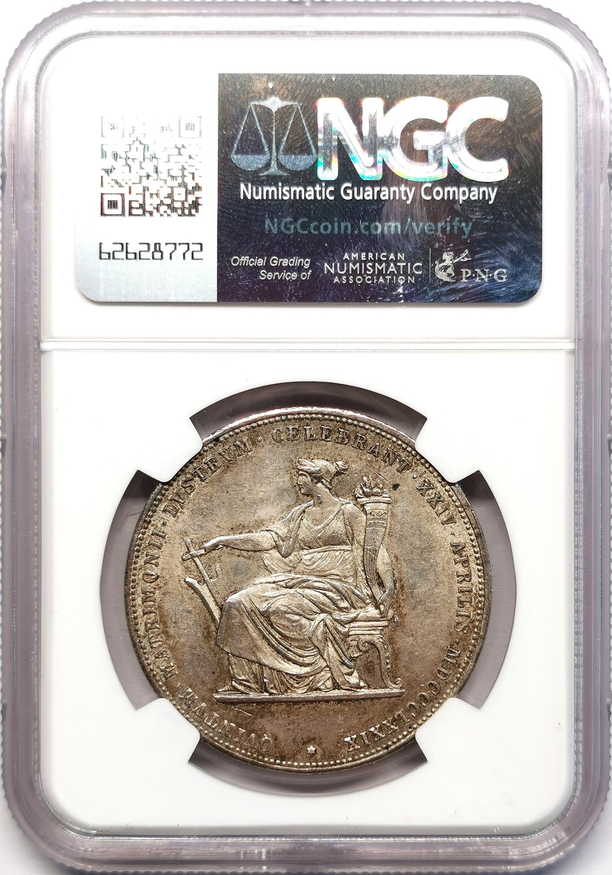 凡希社世界钱币微拍第二百六十二期 1879奥地利茜茜公主银婚2FL纪念大银NGC-MS63经典图案，经典品种！