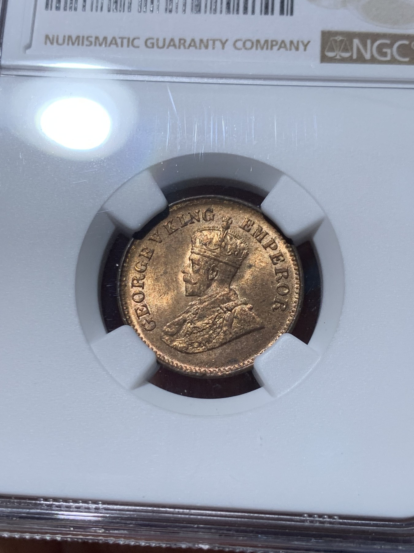 《竞宝斋》第245场-周日，周一 ，周二3场连拍 (全场包邮) NGC-MS63RB 英属印度 1914年（C）乔治五世1/2派沙铜币