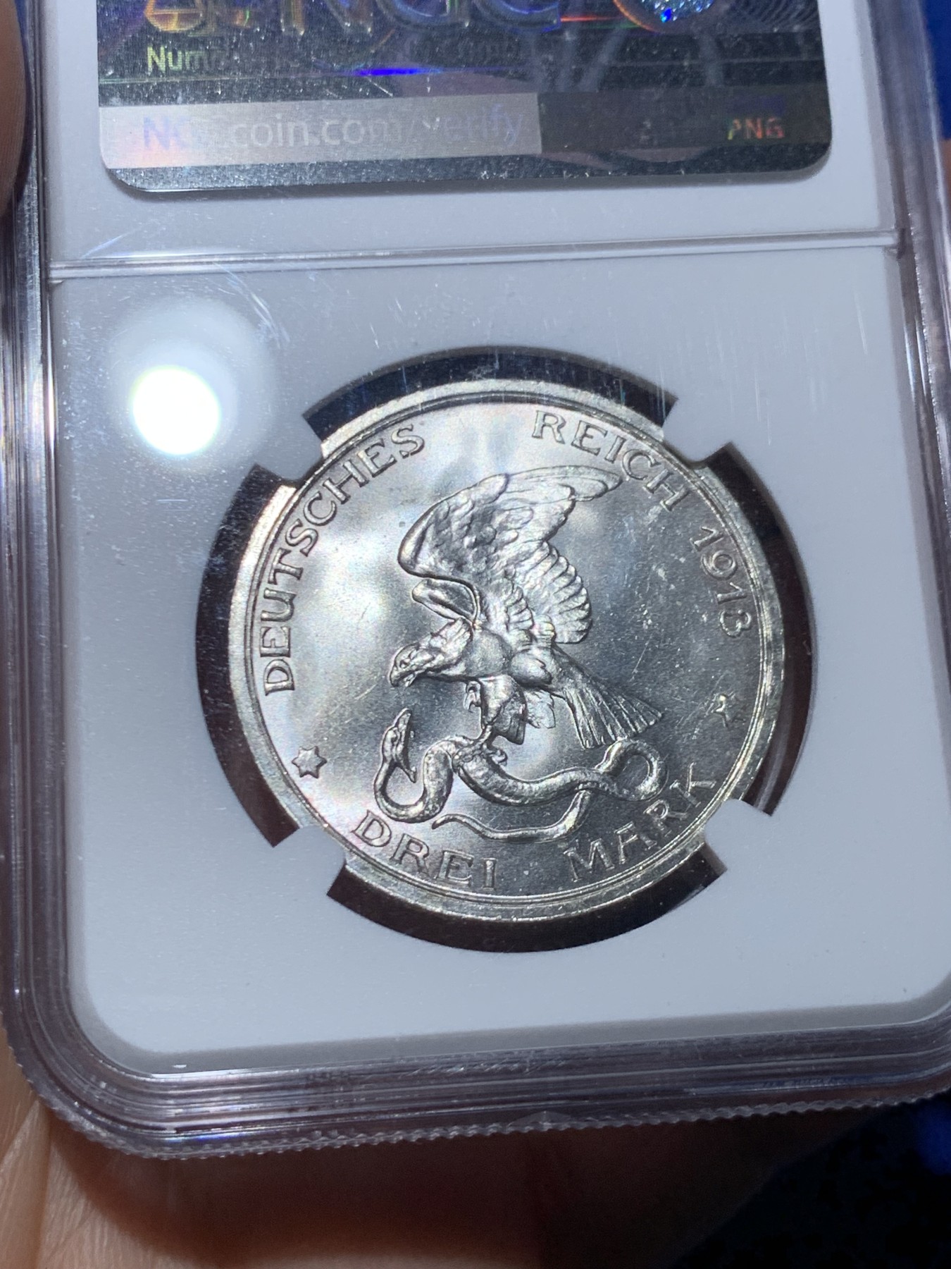 《竞宝斋》第245场-周日，周一 ，周二3场连拍 (全场包邮) NGC-MS64 德国普鲁士 1913年 3马克 普鲁士战胜拿破仑纪念 银币