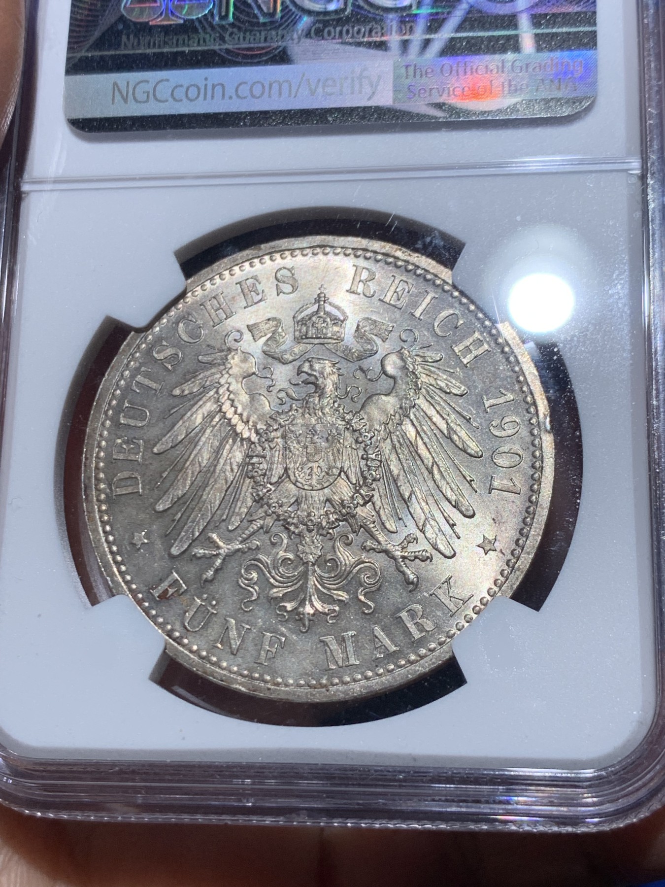 《竞宝斋》第245场-周日，周一 ，周二3场连拍 (全场包邮) NGC-MS62 德国普鲁士 1901年 5马克 建国200周年 银币