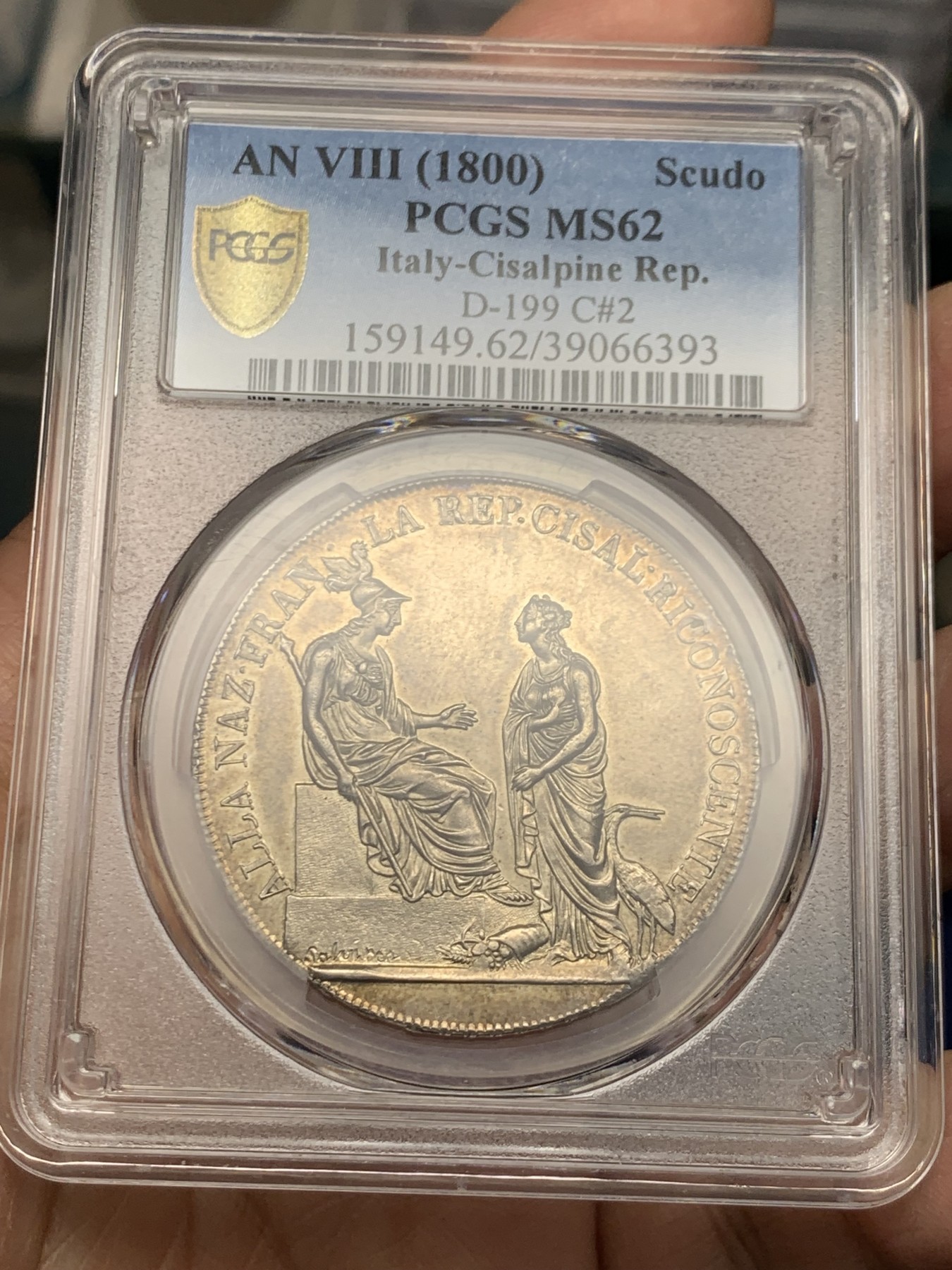 《竞宝斋》第245场-周日，周一 ，周二3场连拍 (全场包邮) PCGS-MS62 意大利山南共和国1800年Scudo大银币 阿尔卑斯南麓日出包浆