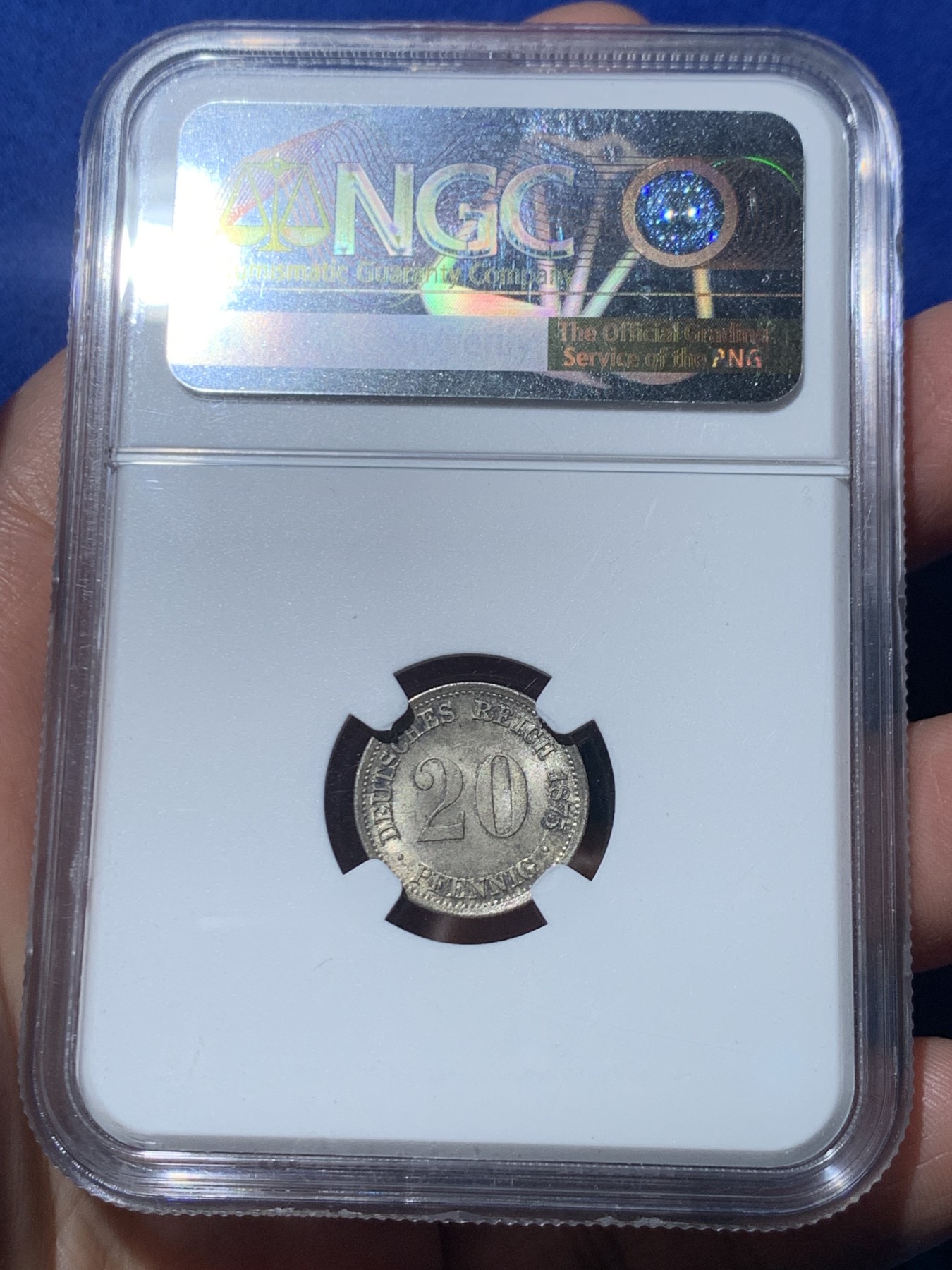 《竞宝斋》第245场-周日，周一 ，周二3场连拍 (全场包邮) NGC MS64 德国1875F 短翅鹰 20芬尼银币 黄油彩 少见品种