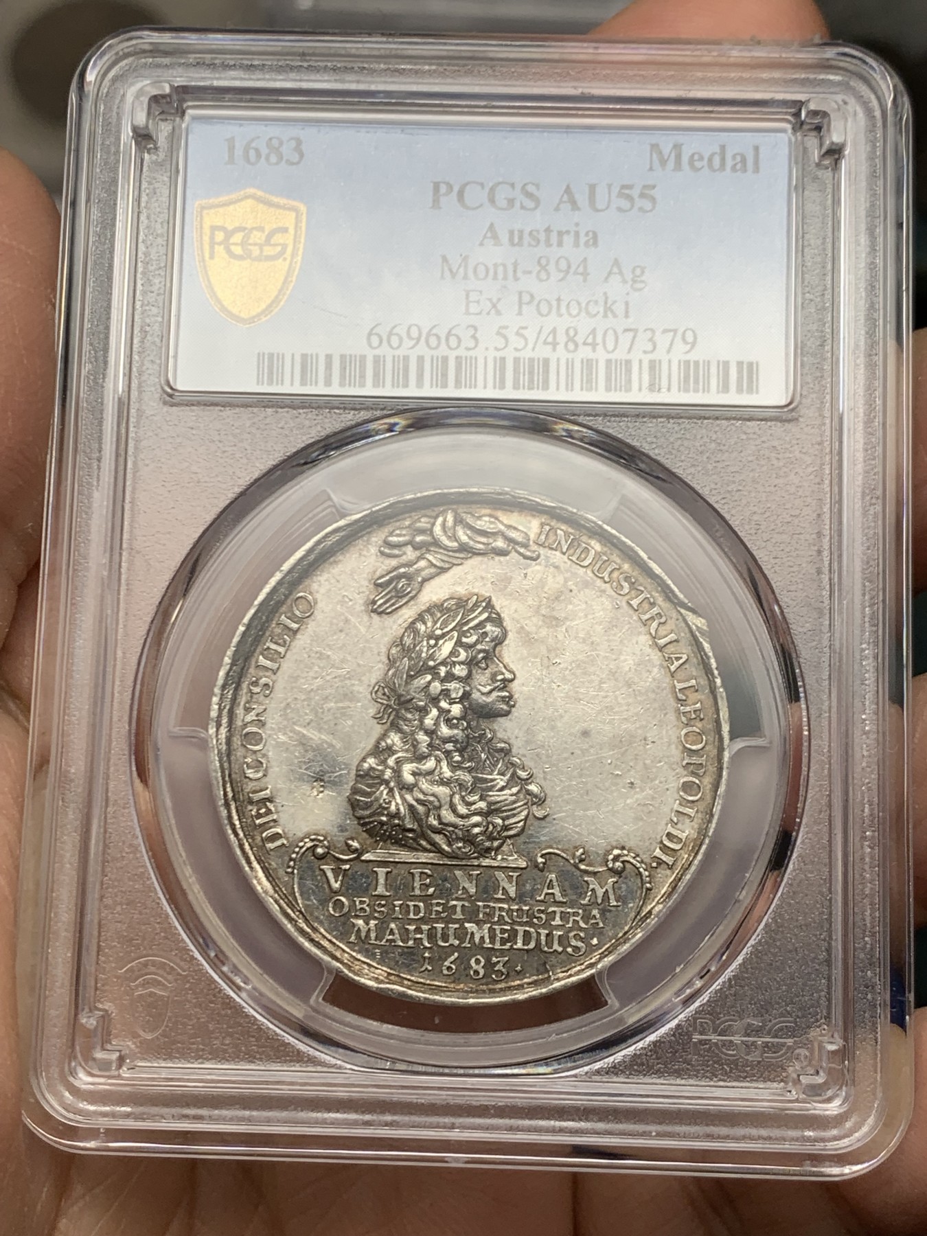 《竞宝斋》第245场-周日，周一 ，周二3场连拍 (全场包邮) PCGS AU55 神罗1683年击败奥斯曼解放维也纳银章 费迪南一世头顶全能之剑 利奥波德头顶全能之眼 设计巧妙 传世三百余年 波多茨基名家旧藏