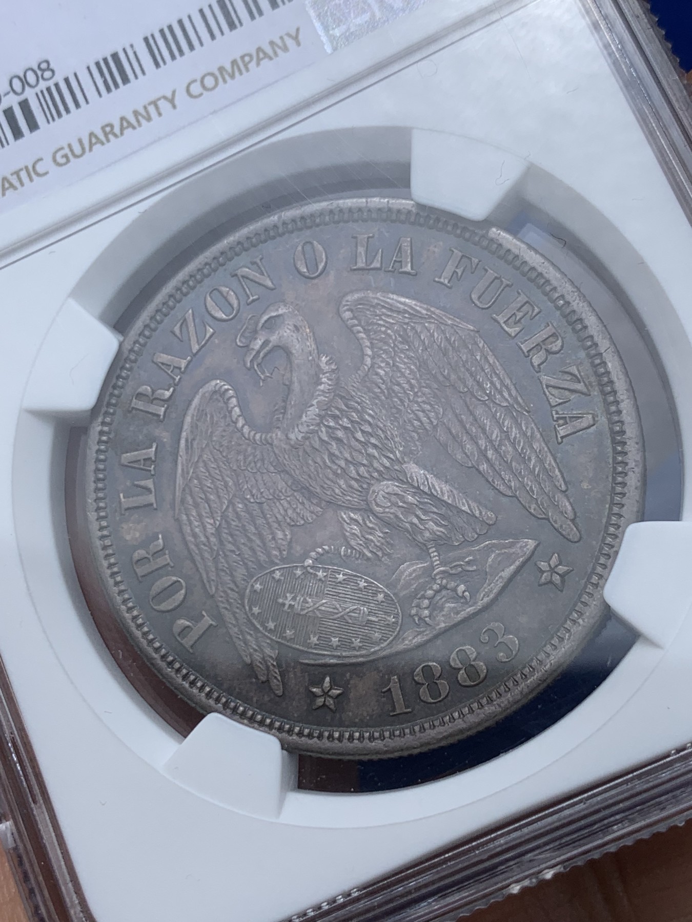 《竞宝斋》第245场-周日，周一 ，周二3场连拍 (全场包邮) NGC-MS62 智利 1883年 安第斯神 1比索 银币 中南美洲逐渐升温品种 酱紫色包浆 味道很好 低评