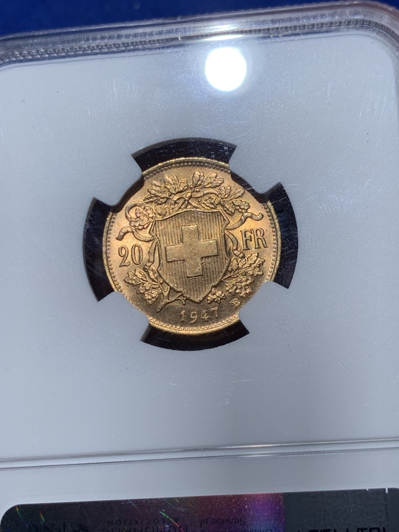 《竞宝斋》第245场-周日，周一 ，周二3场连拍 (全场包邮) NGC-MS65 瑞士1947年女神20法郎金币 6.45克 不大多见的头像 含金量90% 高分好品