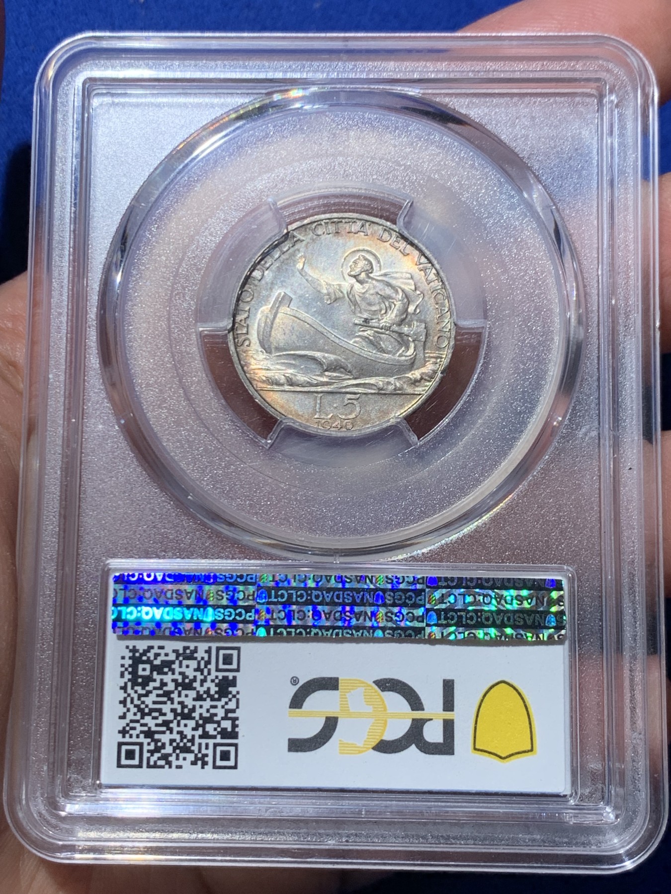 《竞宝斋》第245场-周日，周一 ，周二3场连拍 (全场包邮) PCGS MS65 梵蒂冈 1940年5里拉银币，高分五彩包浆，味道一流