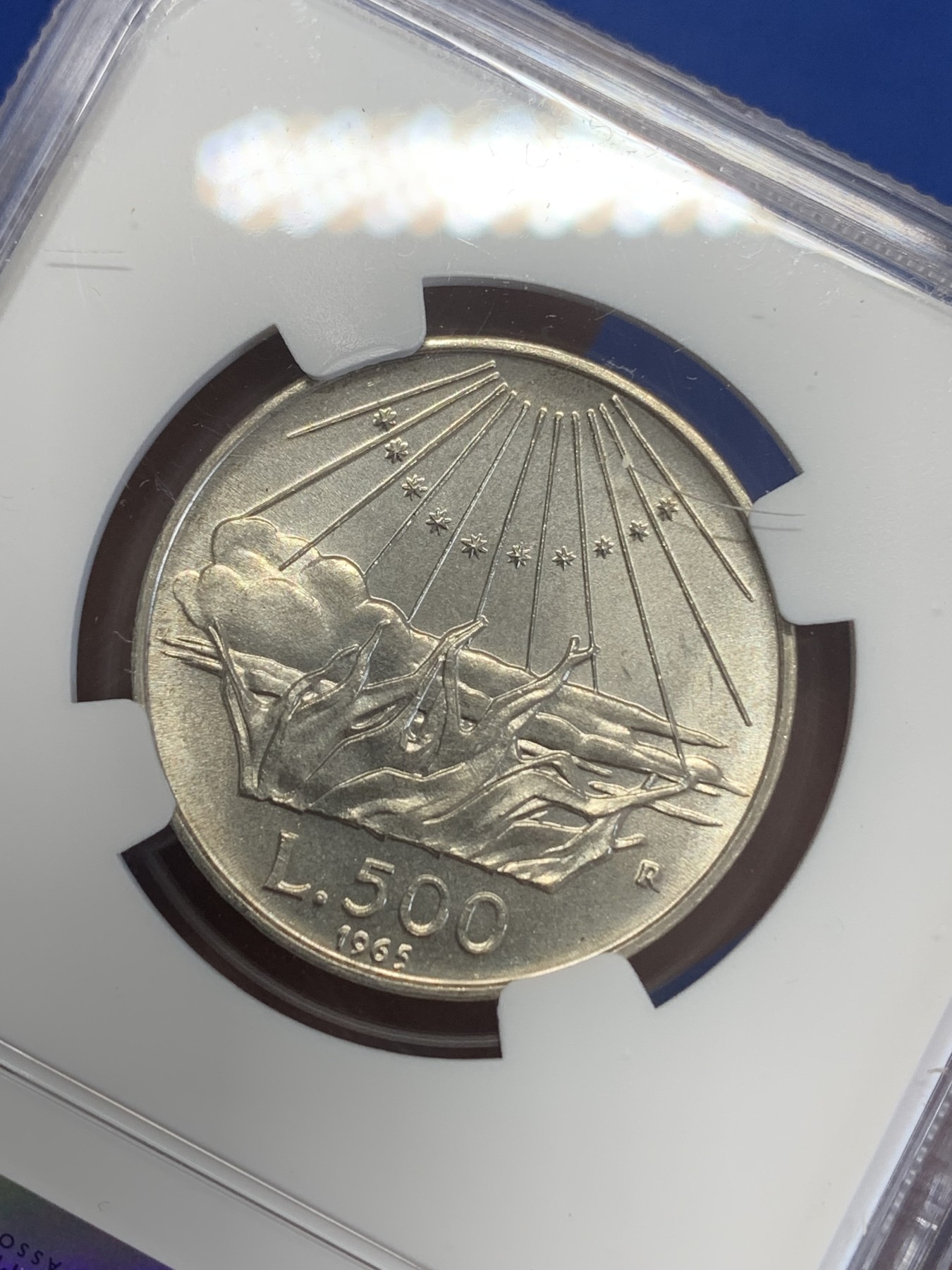 《竞宝斋》第245场-周日，周一 ，周二3场连拍 (全场包邮) NGC MS65 意大利1965年但丁500里拉银币 少见品