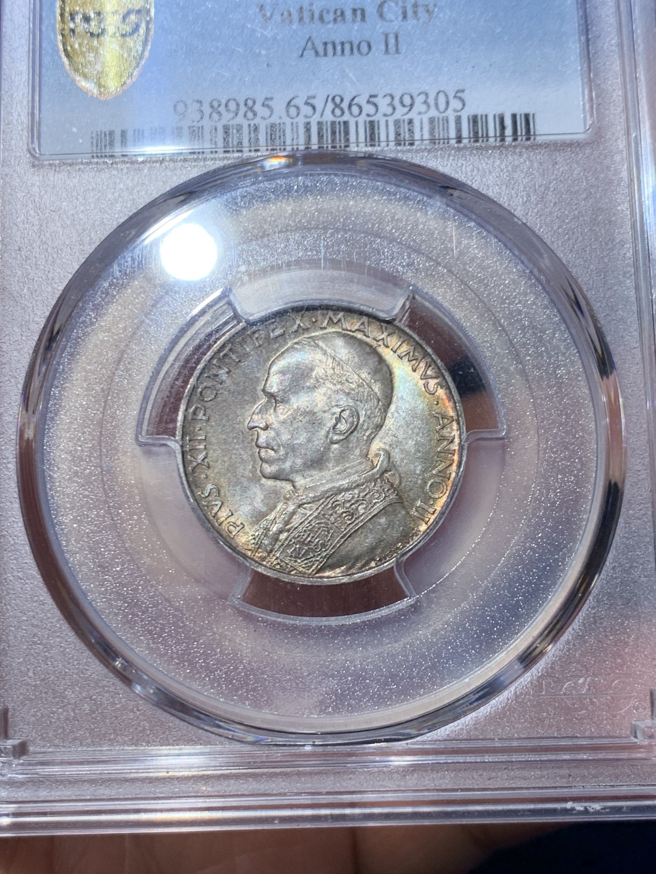 《竞宝斋》第245场-周日，周一 ，周二3场连拍 (全场包邮) PCGS MS65 梵蒂冈 1940年5里拉银币，高分五彩包浆，味道一流