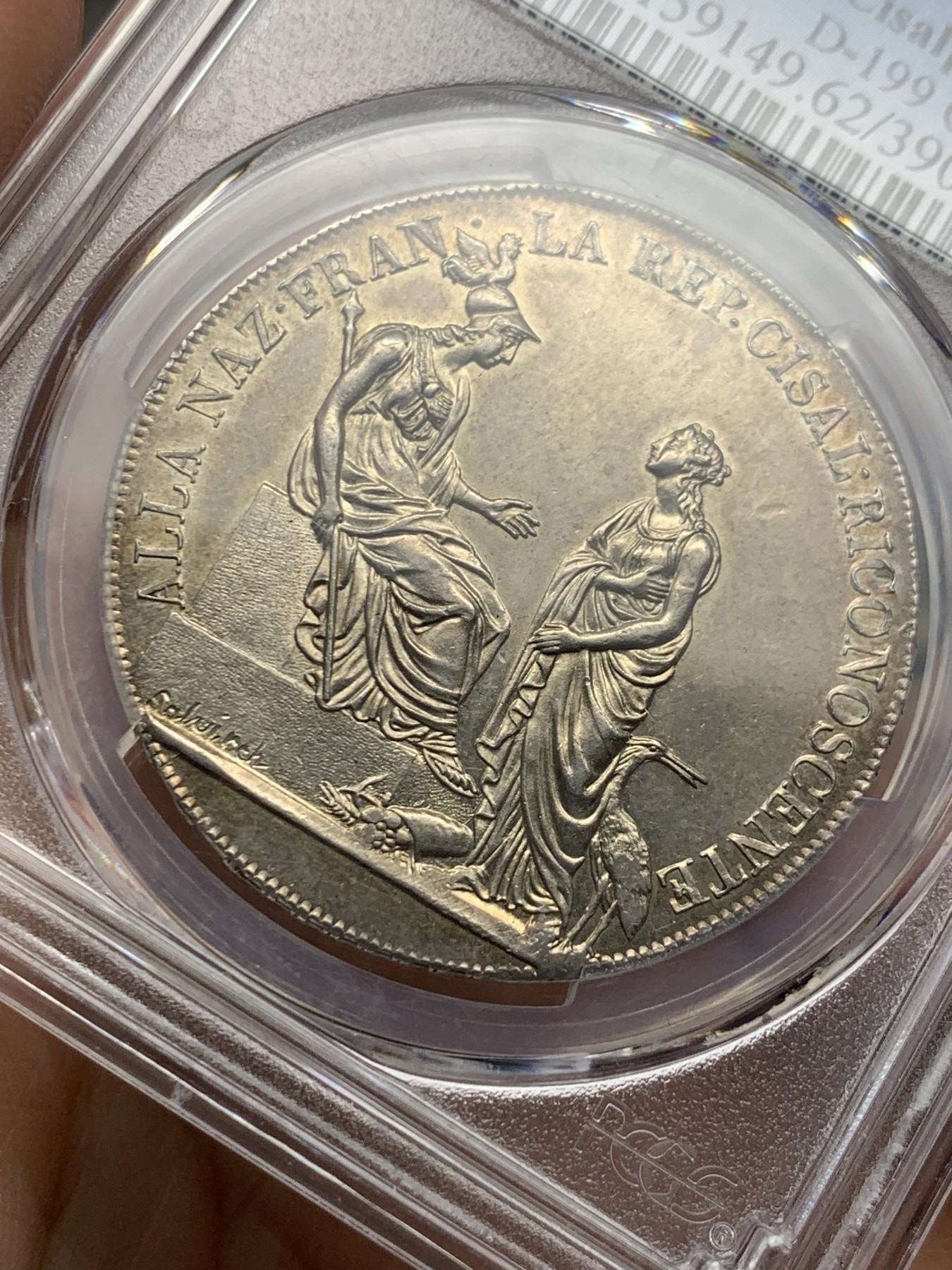 《竞宝斋》第245场-周日，周一 ，周二3场连拍 (全场包邮) PCGS-MS62 意大利山南共和国1800年Scudo大银币 阿尔卑斯南麓日出包浆