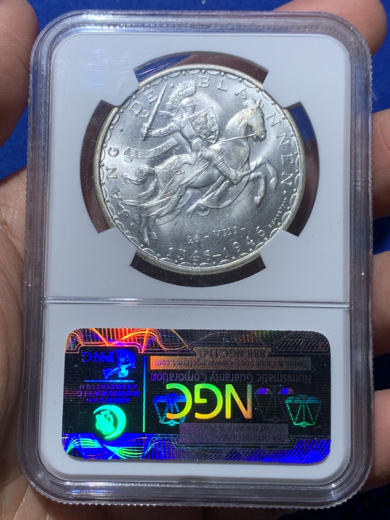 《竞宝斋》第245场-周日，周一 ，周二3场连拍 (全场包邮) NGC MS65 1946年卢森堡盲人约翰国王100法郎马剑银币 顶级原光 老盒严评