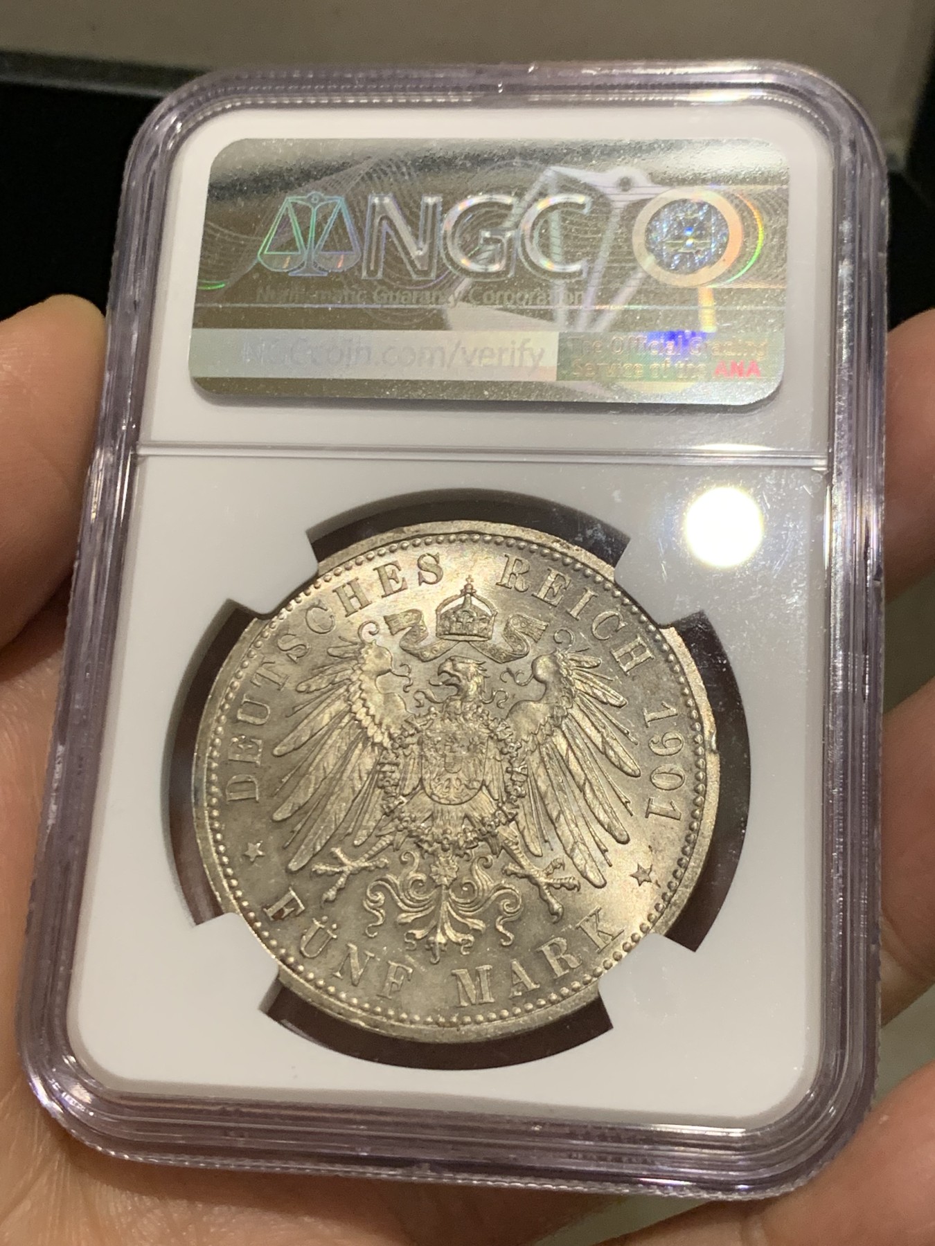 《竞宝斋》第245场-周日，周一 ，周二3场连拍 (全场包邮) NGC-MS62 德国普鲁士 1901年 5马克 建国200周年 银币