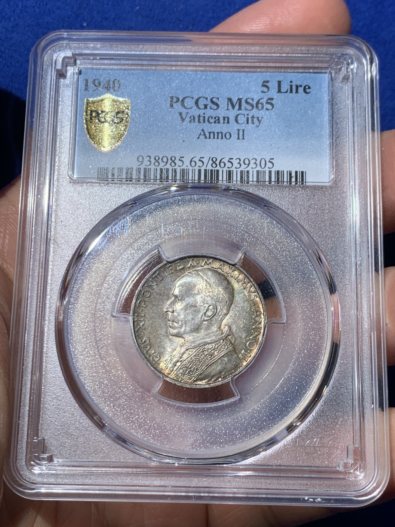 《竞宝斋》第245场-周日，周一 ，周二3场连拍 (全场包邮) PCGS MS65 梵蒂冈 1940年5里拉银币，高分五彩包浆，味道一流