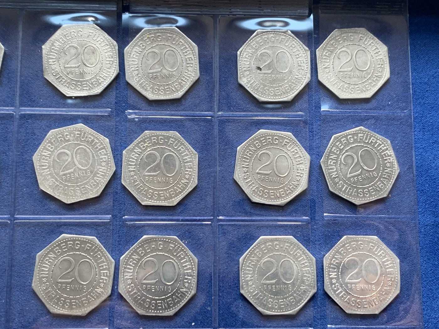 《竞宝斋》第245场-周日，周一 ，周二3场连拍 (全场包邮) 德国紧急状态纽伦堡电车代币 1920年代用币大全套 45枚八角20芬尼铝币 全套UNC好品，十分少见！