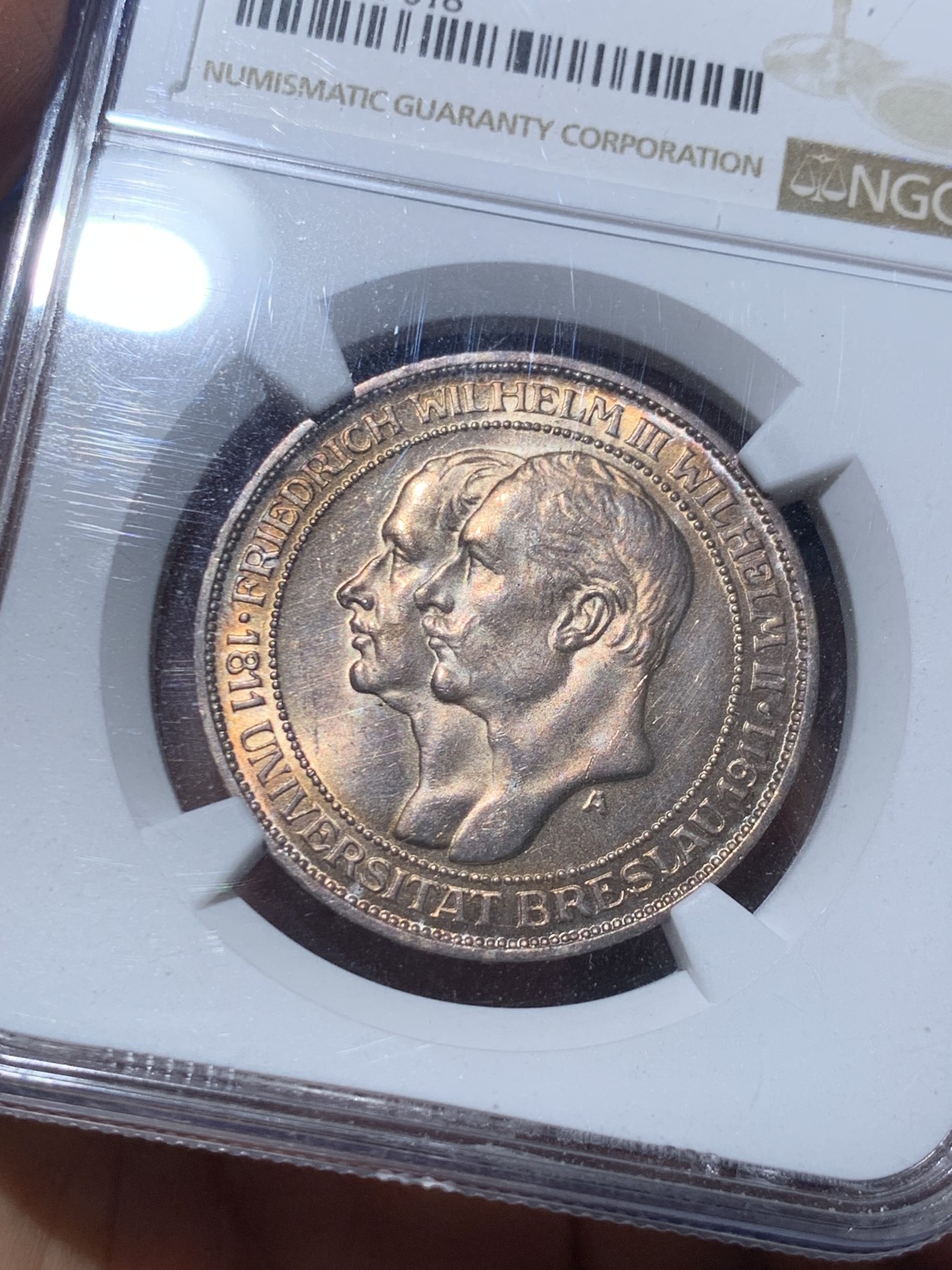 《竞宝斋》第245场-周日，周一 ，周二3场连拍 (全场包邮) NGC-MS64 德国普鲁士 1911年 3马克 布雷斯劳大学纪念 银币