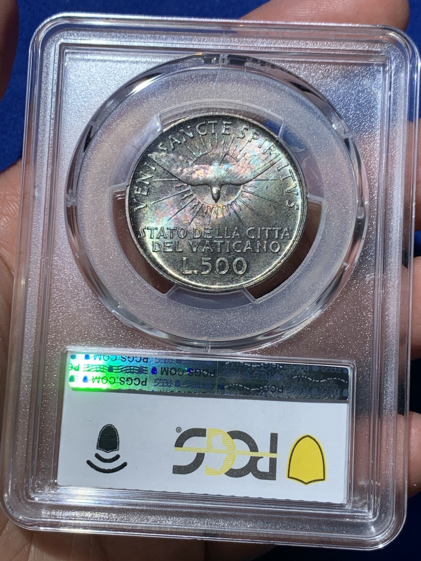 《竞宝斋》第245场-周日，周一 ，周二3场连拍 (全场包邮) PCGS MS66 梵蒂冈 1958年缺位500里拉银币 顶级转光炫彩