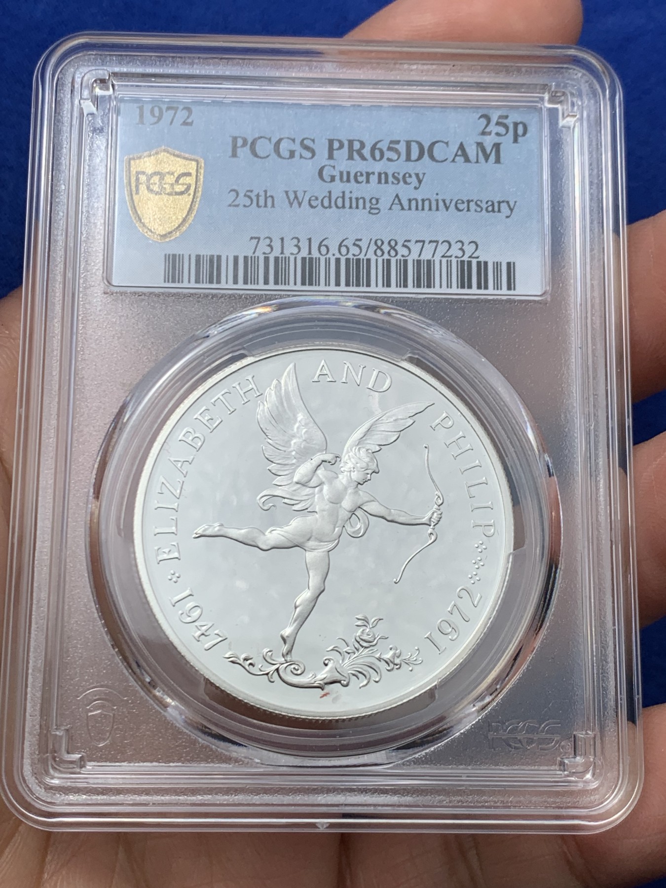 《竞宝斋》第245场-周日，周一 ，周二3场连拍 (全场包邮) PCGS PR65DCAM 根西岛1972年25便士女王银婚银币