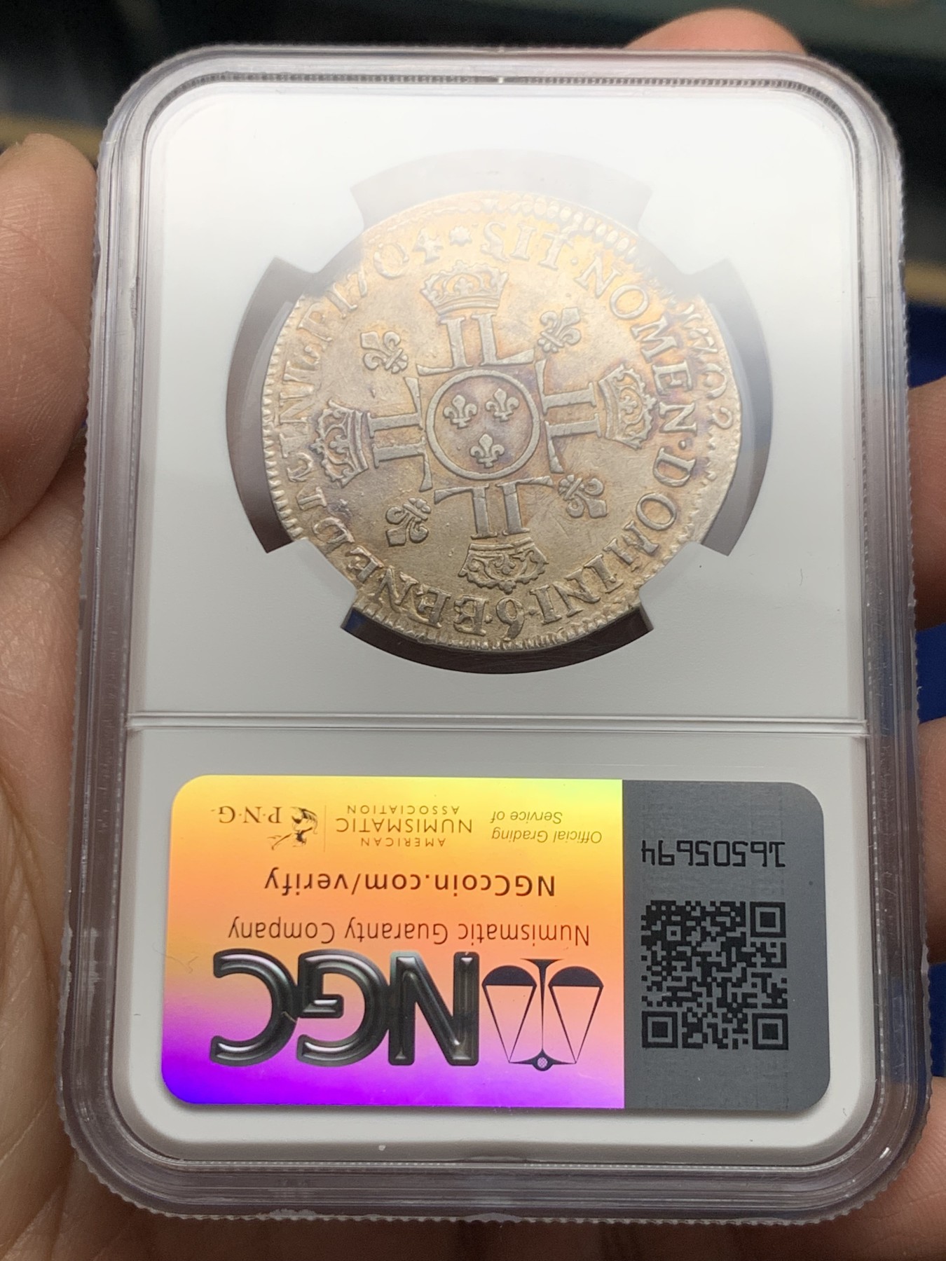 《竞宝斋》第245场-周日，周一 ，周二3场连拍 (全场包邮) 亚军分 NGC AU55 法国 1704(9) 路易十四 太阳王 半埃居银币 淡彩包浆全深打