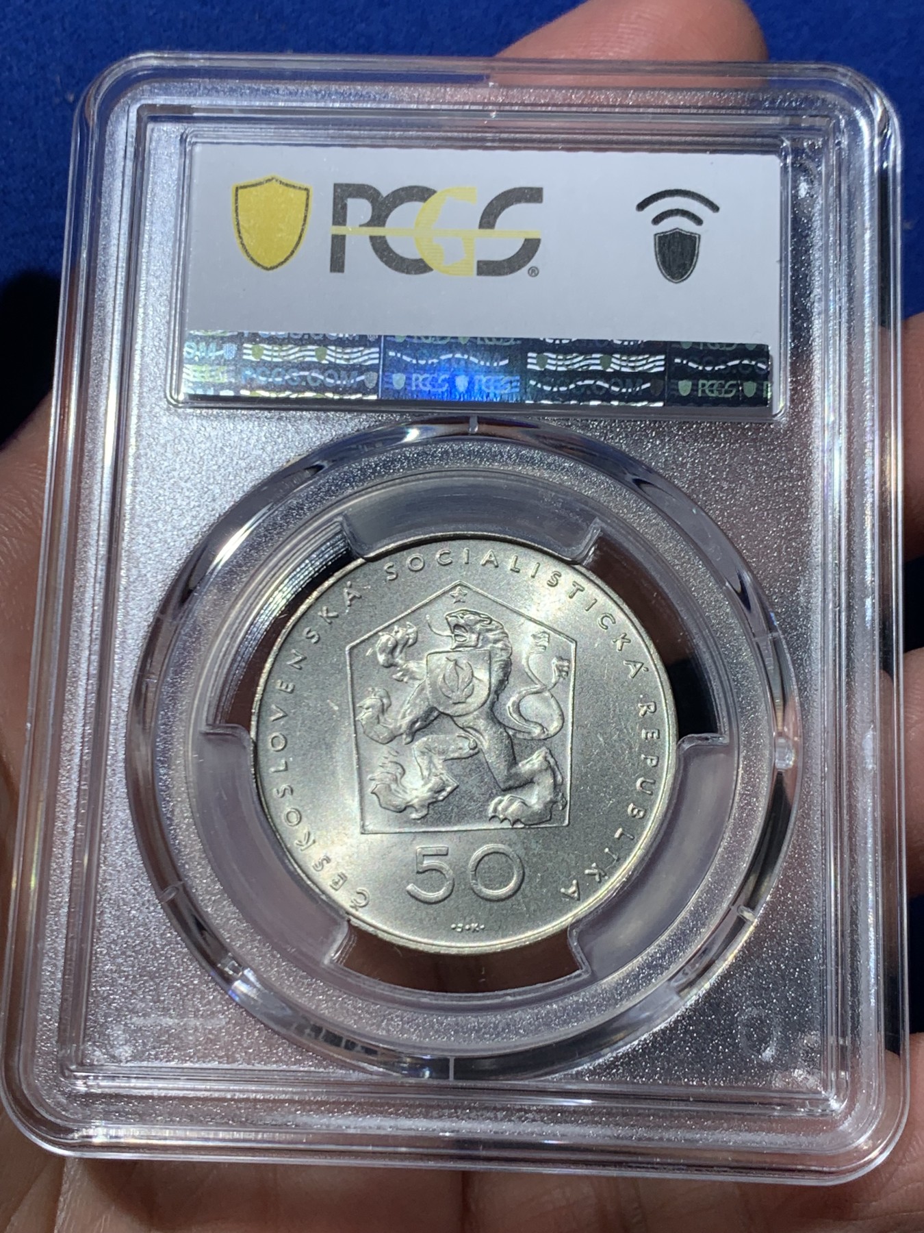 《竞宝斋》第245场-周日，周一 ，周二3场连拍 (全场包邮) PCGS金盾 MS67 捷克斯洛伐克1971年共产党建党50周年纪念50克朗银币，唯一冠军分