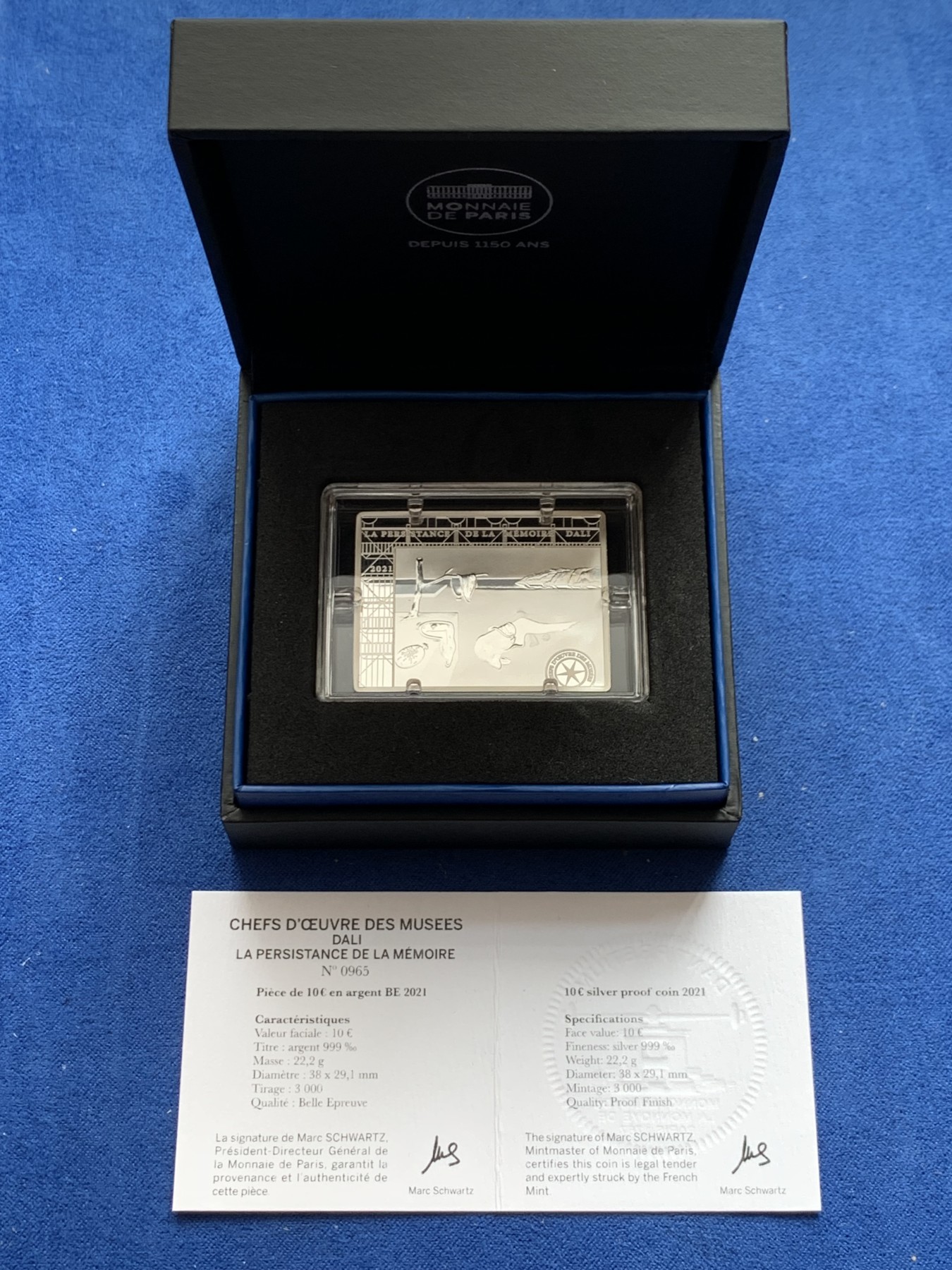 《竞宝斋》第245场-周日，周一 ，周二3场连拍 (全场包邮) 法国2021年发行印象派大师达利《记忆的永恒》-10欧精制币（限量3000枚，市价600元+） 礼盒装带证书 22.2克 38*29mm 900银