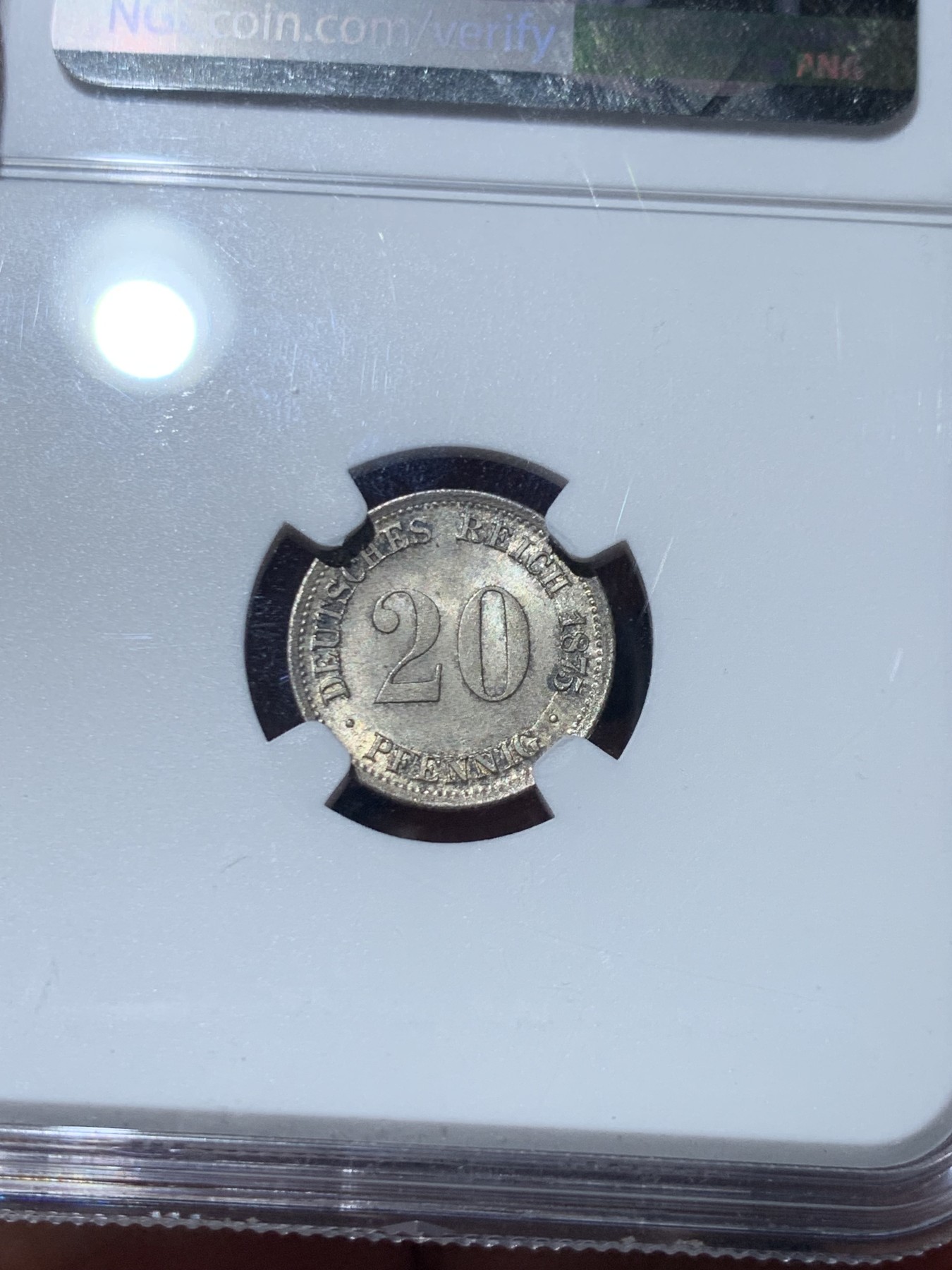 《竞宝斋》第245场-周日，周一 ，周二3场连拍 (全场包邮) NGC MS64 德国1875F 短翅鹰 20芬尼银币 黄油彩 少见品种