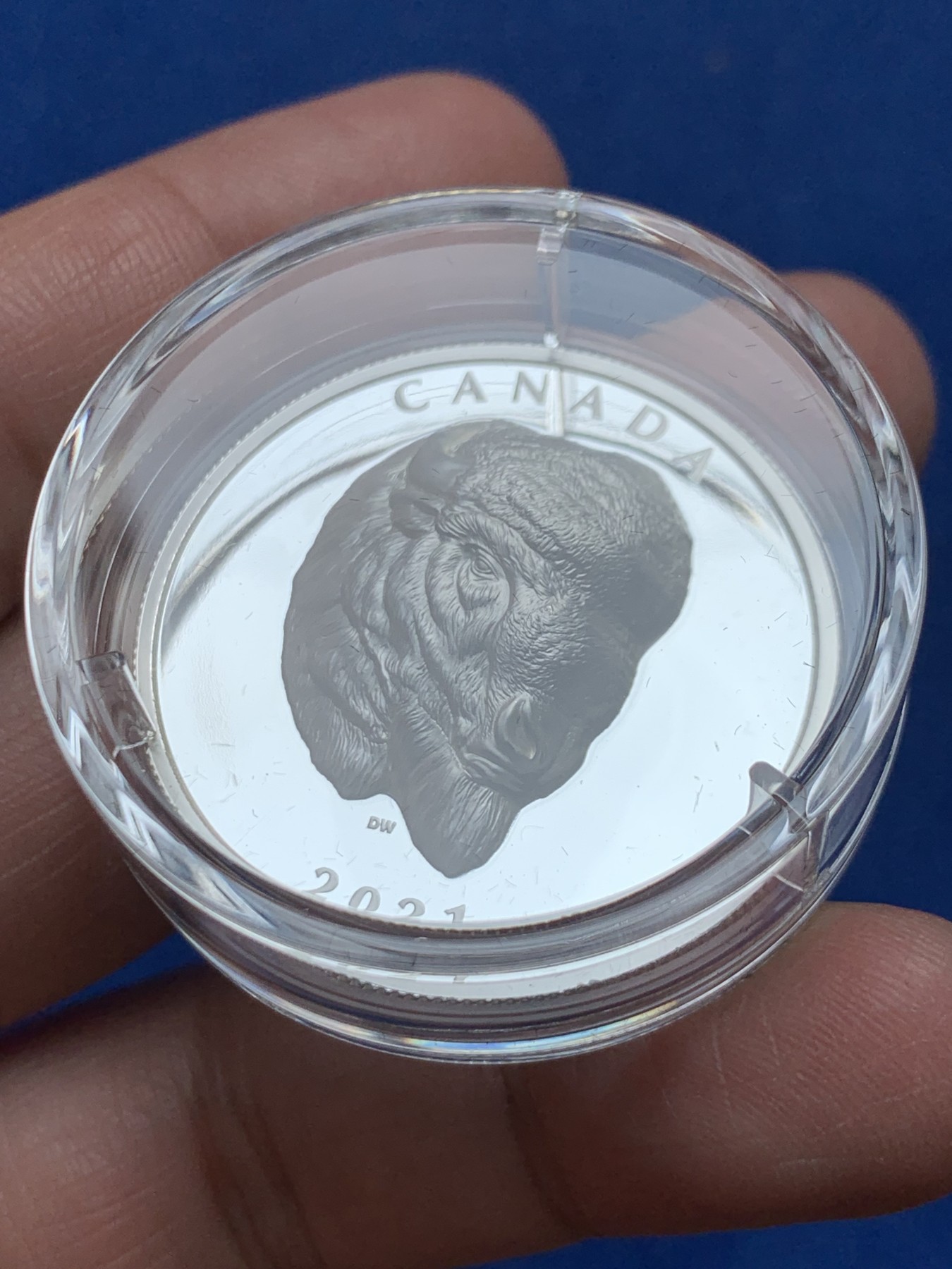 《竞宝斋》第245场-周日，周一 ，周二3场连拍 (全场包邮) 加拿大2021年发行野生动物系列-北美野牛精制银币-25加元（超高浮雕作品，限量5000枚） 礼盒装带证书 36mm 1盎司 9999银