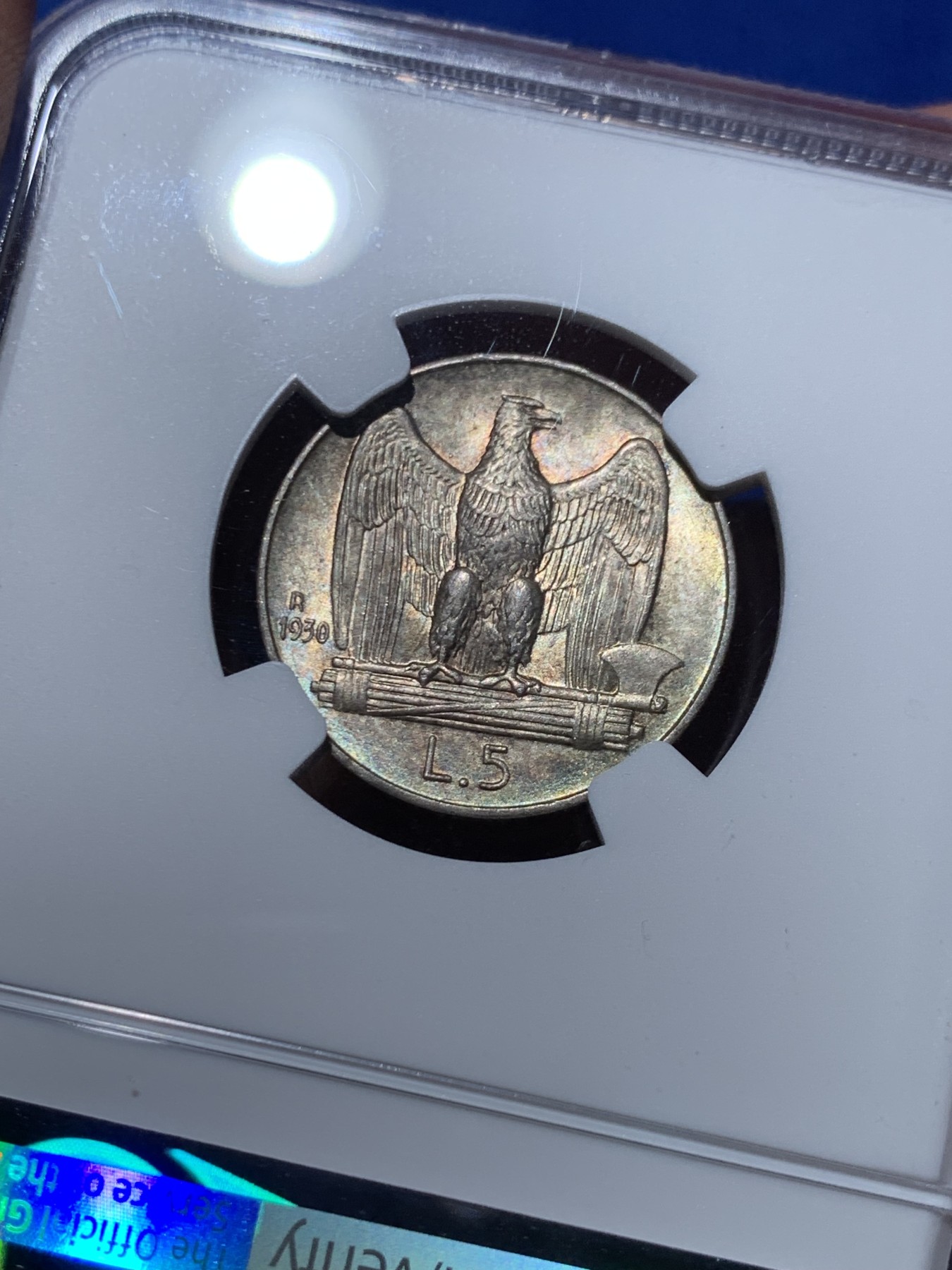 《竞宝斋》第245场-周日，周一 ，周二3场连拍 (全场包邮) NGC MS64 意大利1930年5里拉银币 这品种常见62、63分，64以上就少很多了。