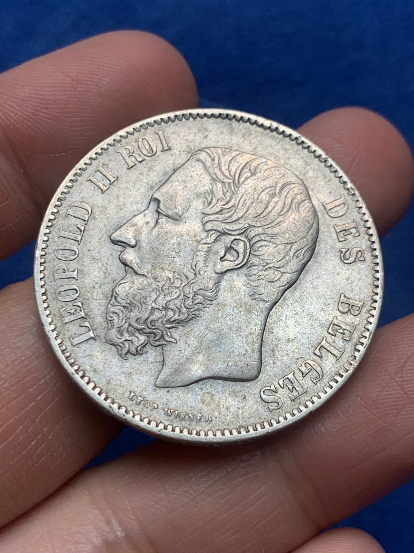 《竞宝斋》第245场-周日，周一 ，周二3场连拍 (全场包邮) 比利时1874年利奥波德5法郎银币