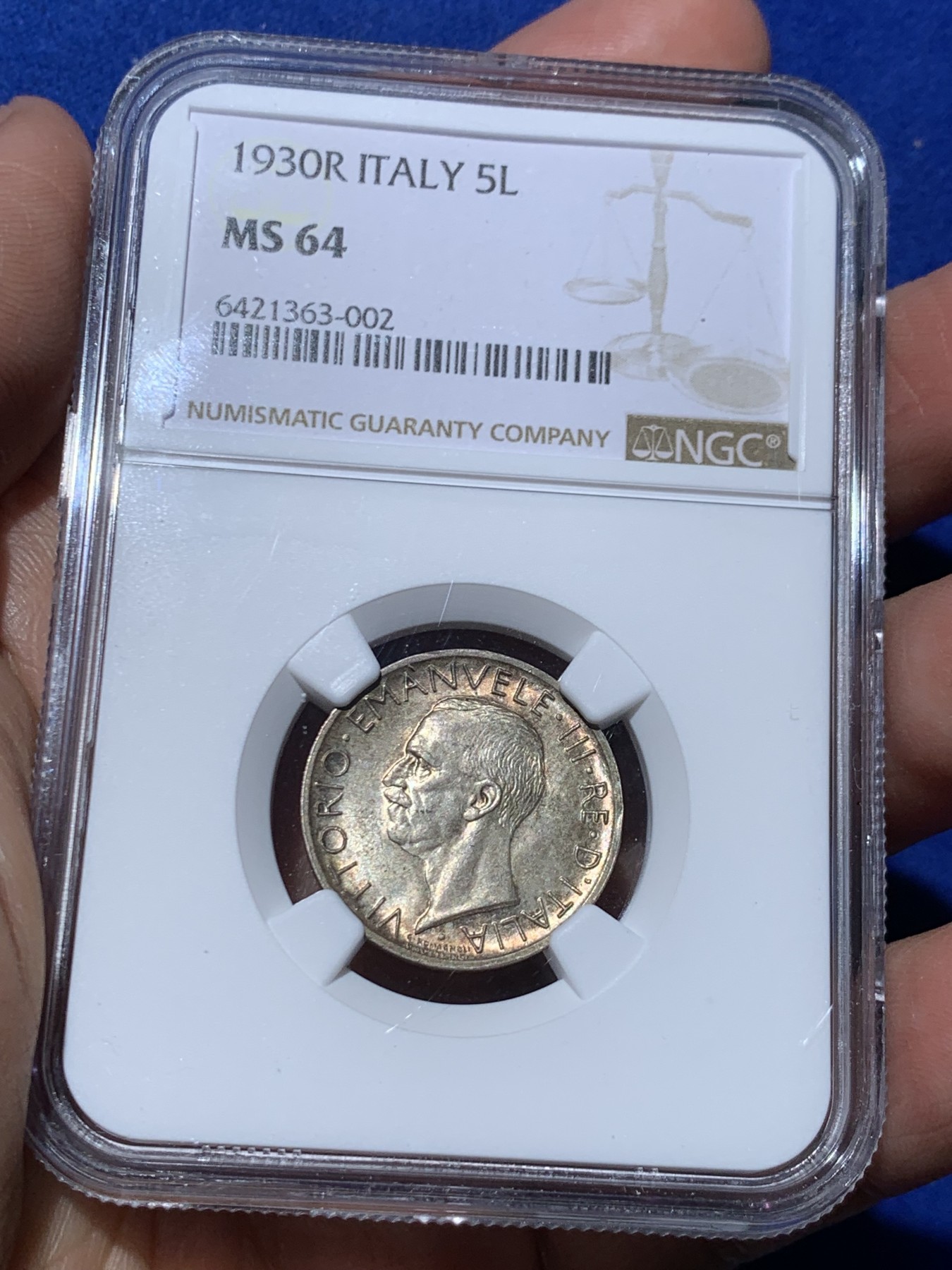 《竞宝斋》第245场-周日，周一 ，周二3场连拍 (全场包邮) NGC MS64 意大利1930年5里拉银币 这品种常见62、63分，64以上就少很多了。