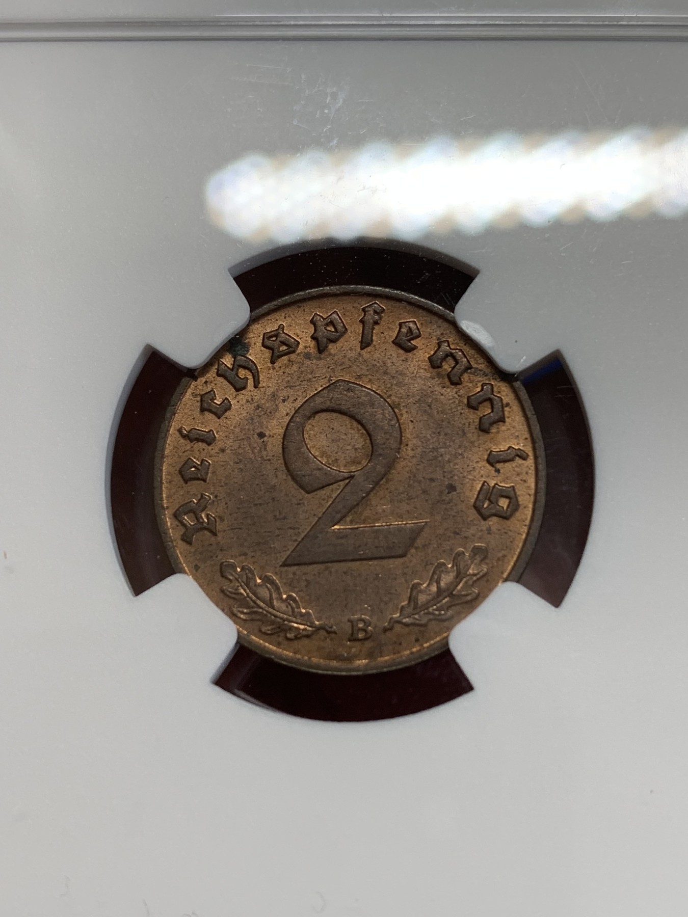 《竞宝斋》第245场-周日，周一 ，周二3场连拍 (全场包邮) NGC MS63RB 1939B德国2芬尼 状态不错