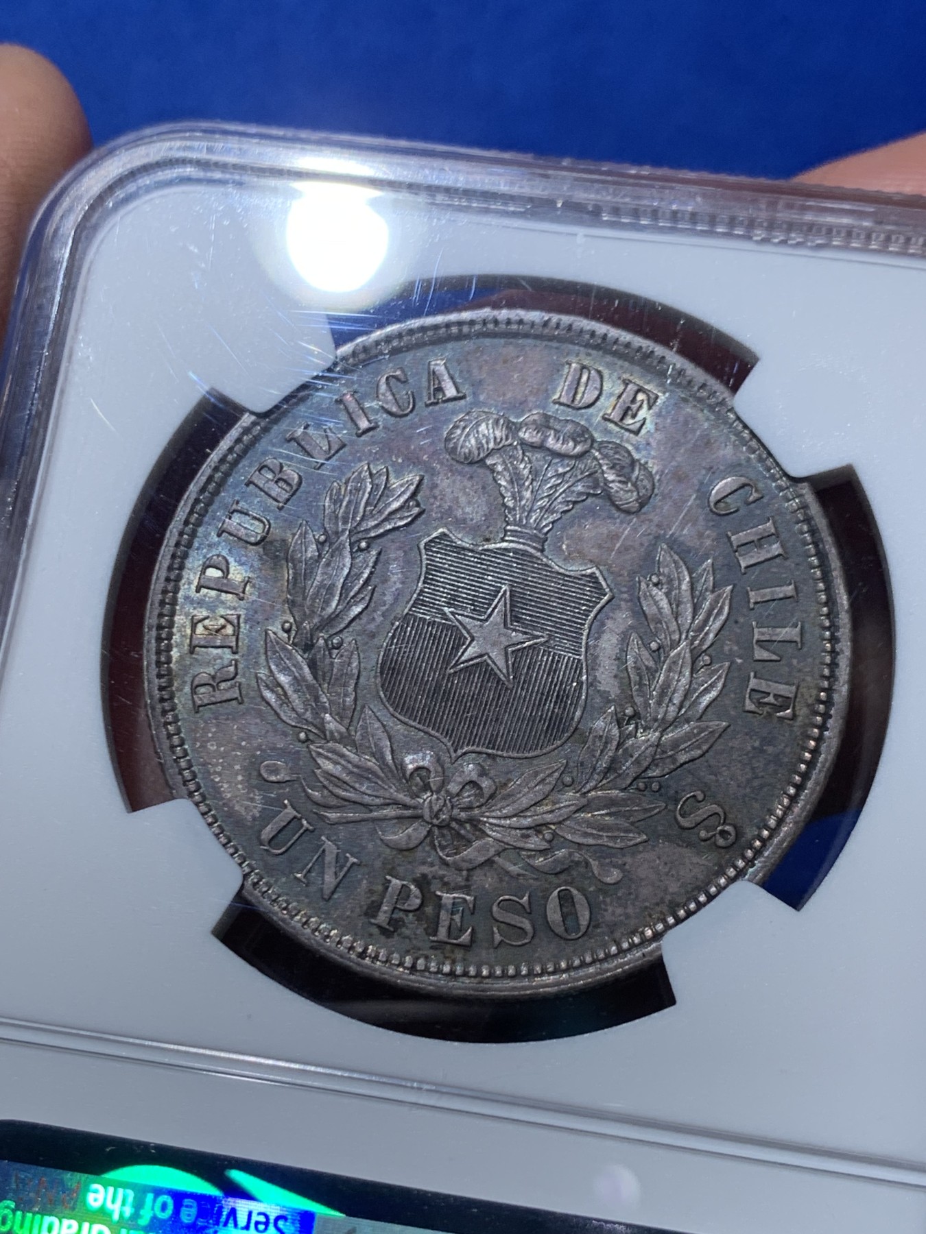 《竞宝斋》第245场-周日，周一 ，周二3场连拍 (全场包邮) NGC-MS62 智利 1883年 安第斯神 1比索 银币 中南美洲逐渐升温品种 酱紫色包浆 味道很好 低评