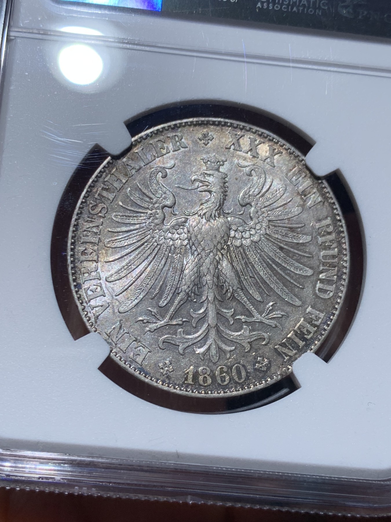 《竞宝斋》第245场-周日，周一 ，周二3场连拍 (全场包邮) NGC AU55 德国1860法兰克福少女泰勒银币 底板光度好