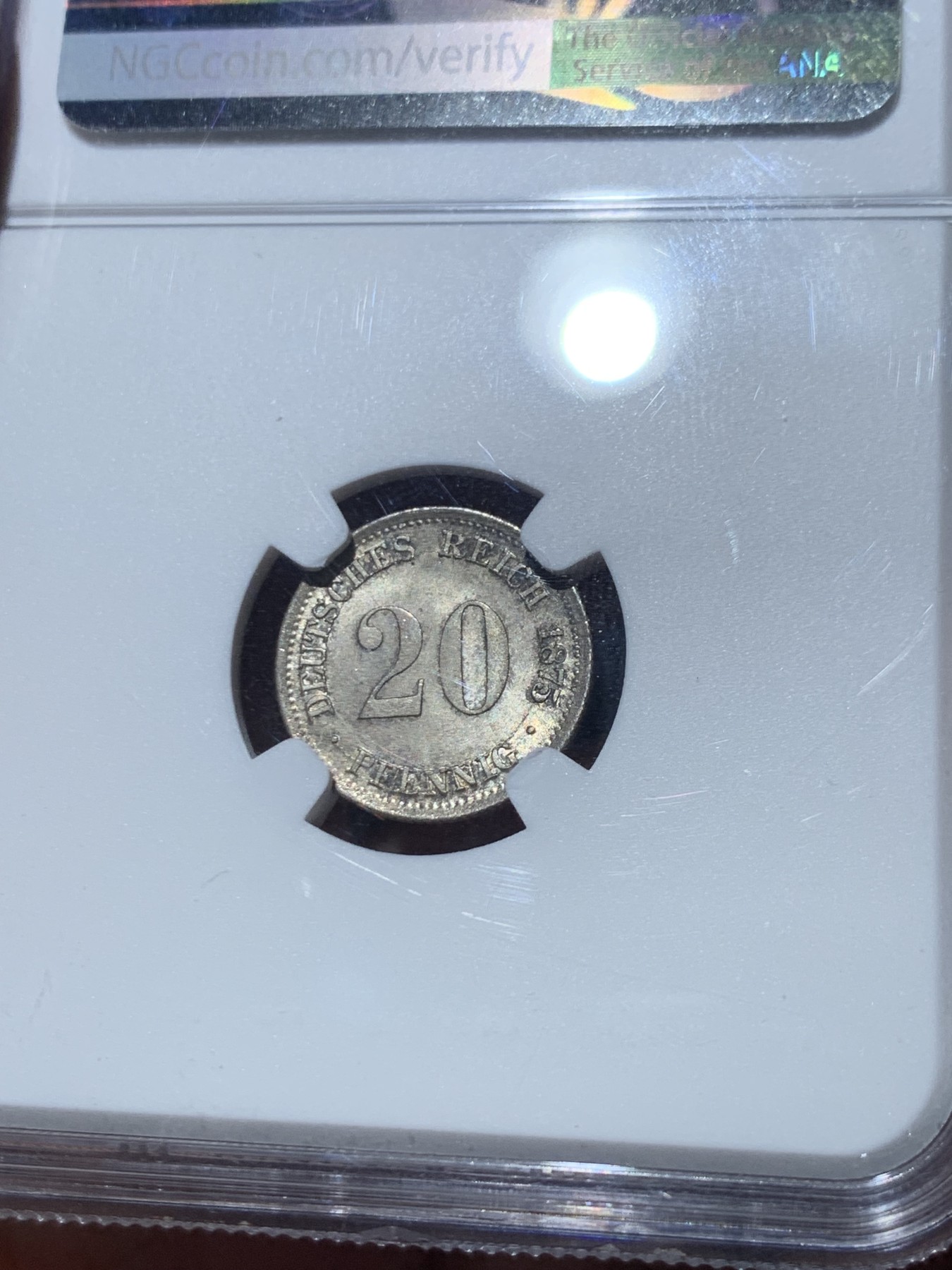 《竞宝斋》第245场-周日，周一 ，周二3场连拍 (全场包邮) NGC MS64 德国1875F 短翅鹰 20芬尼银币 黄油彩 少见品种