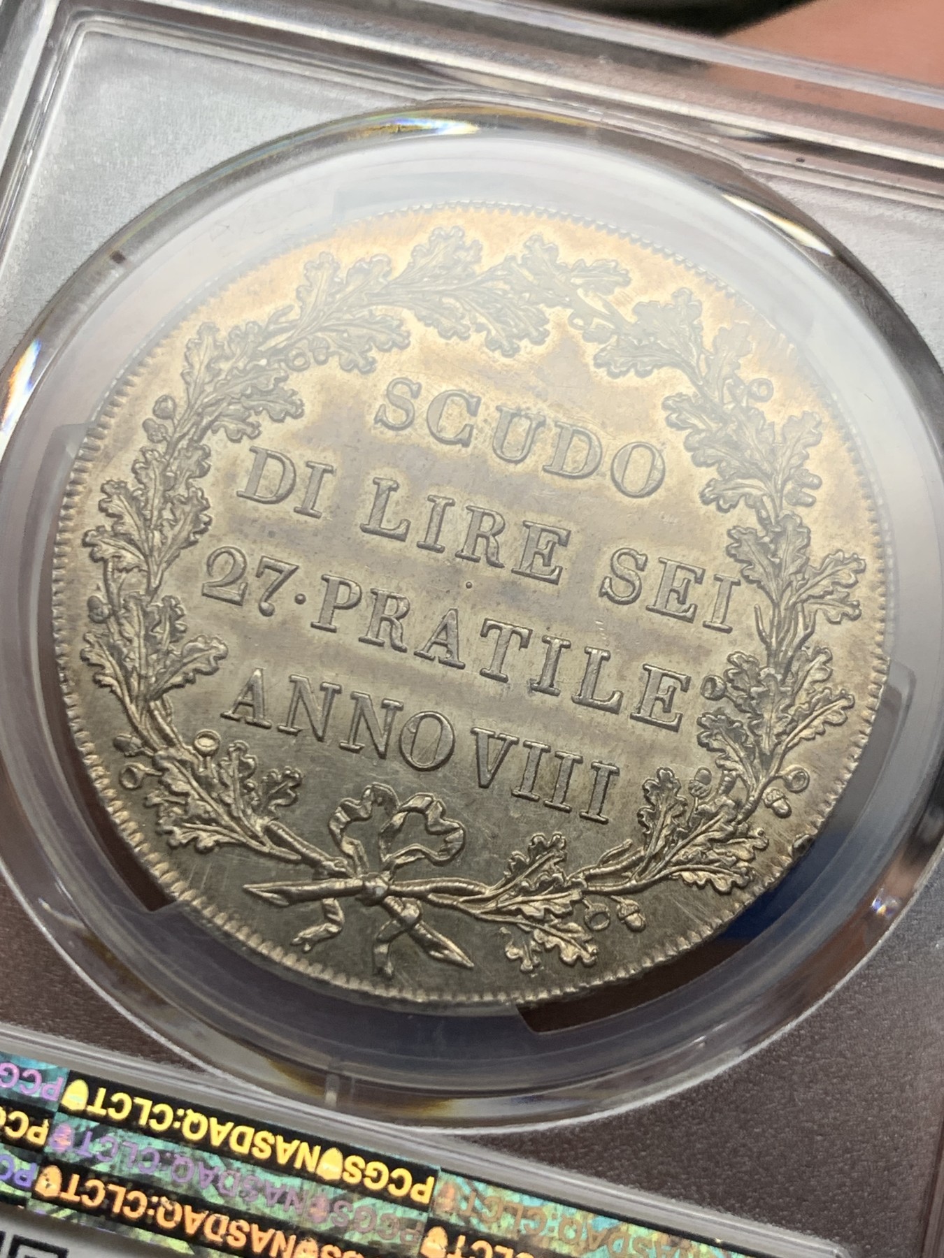 《竞宝斋》第245场-周日，周一 ，周二3场连拍 (全场包邮) PCGS-MS62 意大利山南共和国1800年Scudo大银币 阿尔卑斯南麓日出包浆