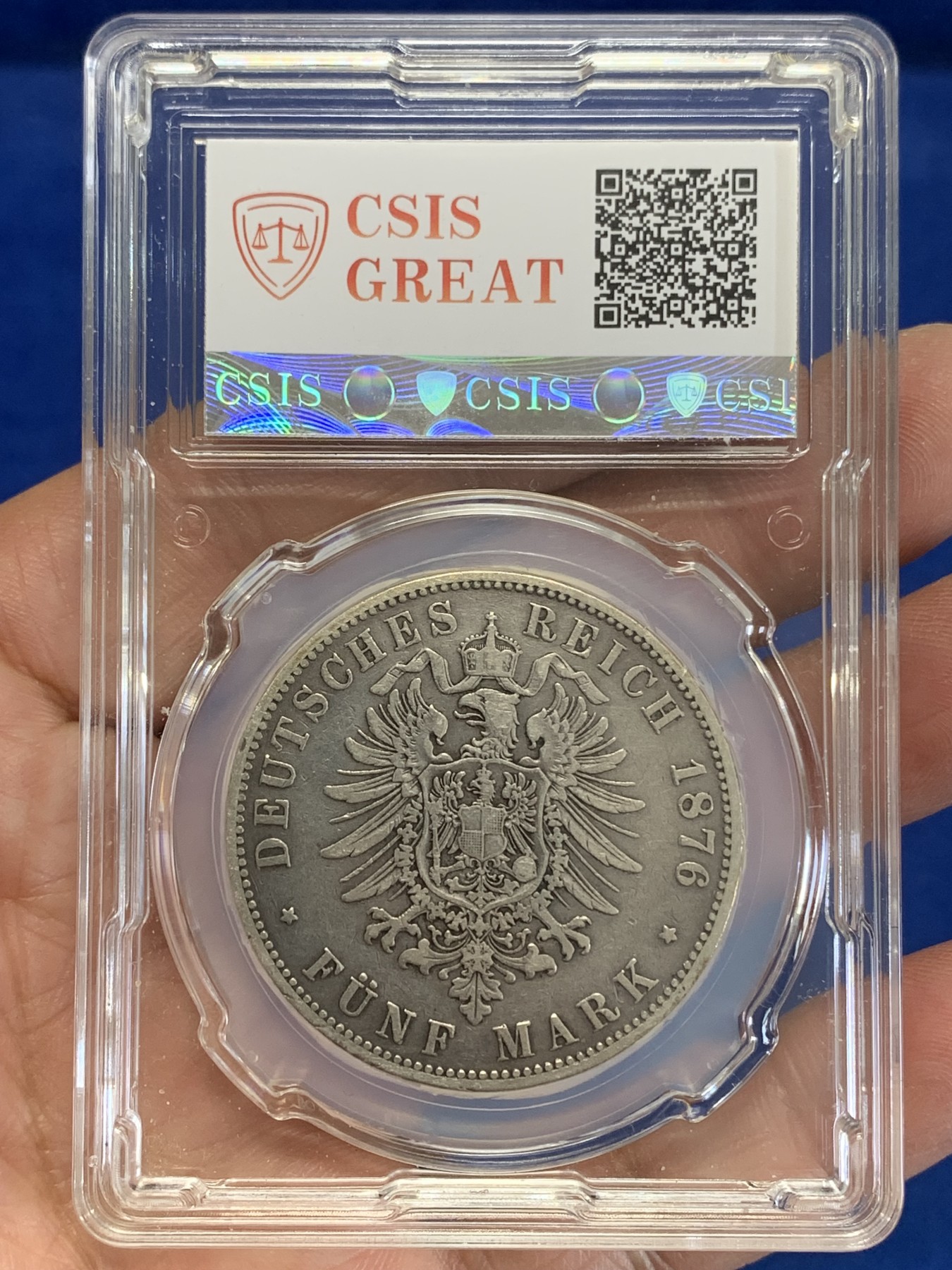 《竞宝斋》第245场-周日，周一 ，周二3场连拍 (全场包邮) CSIS VF35 德国1876年普鲁士威廉一世短翅5马克银币