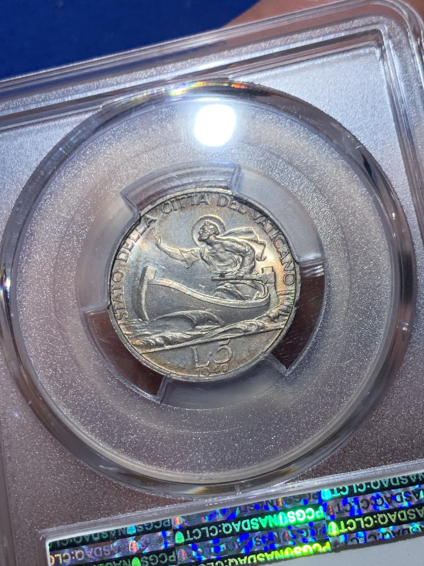 《竞宝斋》第245场-周日，周一 ，周二3场连拍 (全场包邮) PCGS MS65 梵蒂冈 1940年5里拉银币，高分五彩包浆，味道一流