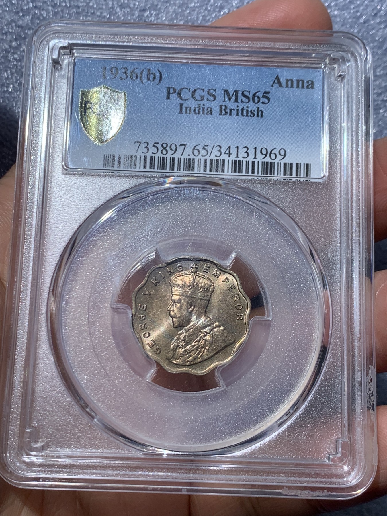 《竞宝斋》第245场-周日，周一 ，周二3场连拍 (全场包邮) PCGS-MS65 英属印度 1936年（B） 1安娜 乔治五世 全新原光币面淡彩