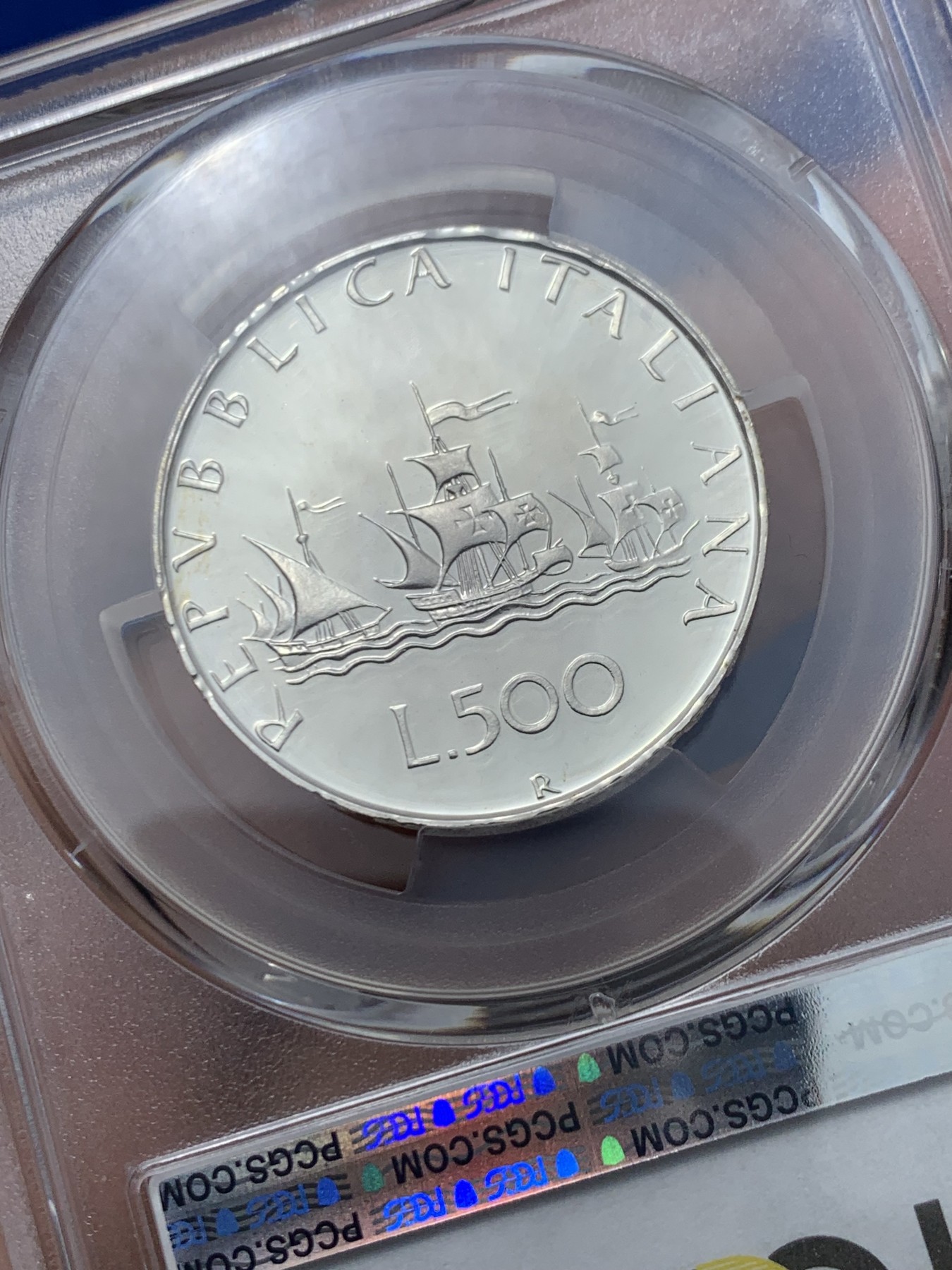 《竞宝斋》第245场-周日，周一 ，周二3场连拍 (全场包邮) 亚军分 PCGS-PR68DCAM 意大利 1985年 精制 帆船少女 500里拉 银币 首年发行 镜面感十足