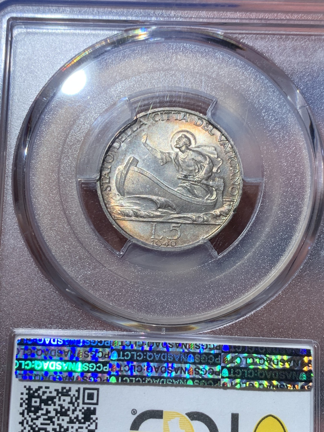 《竞宝斋》第245场-周日，周一 ，周二3场连拍 (全场包邮) PCGS MS65 梵蒂冈 1940年5里拉银币，高分五彩包浆，味道一流