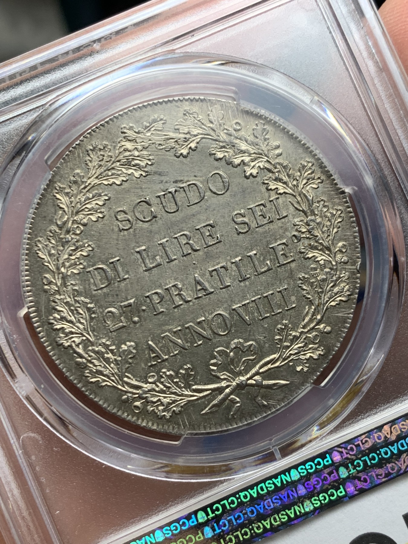 《竞宝斋》第245场-周日，周一 ，周二3场连拍 (全场包邮) PCGS-MS62 意大利山南共和国1800年Scudo大银币 阿尔卑斯南麓日出包浆