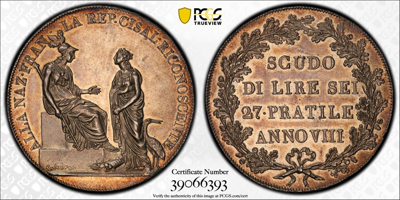 《竞宝斋》第245场-周日，周一 ，周二3场连拍 (全场包邮) PCGS-MS62 意大利山南共和国1800年Scudo大银币 阿尔卑斯南麓日出包浆