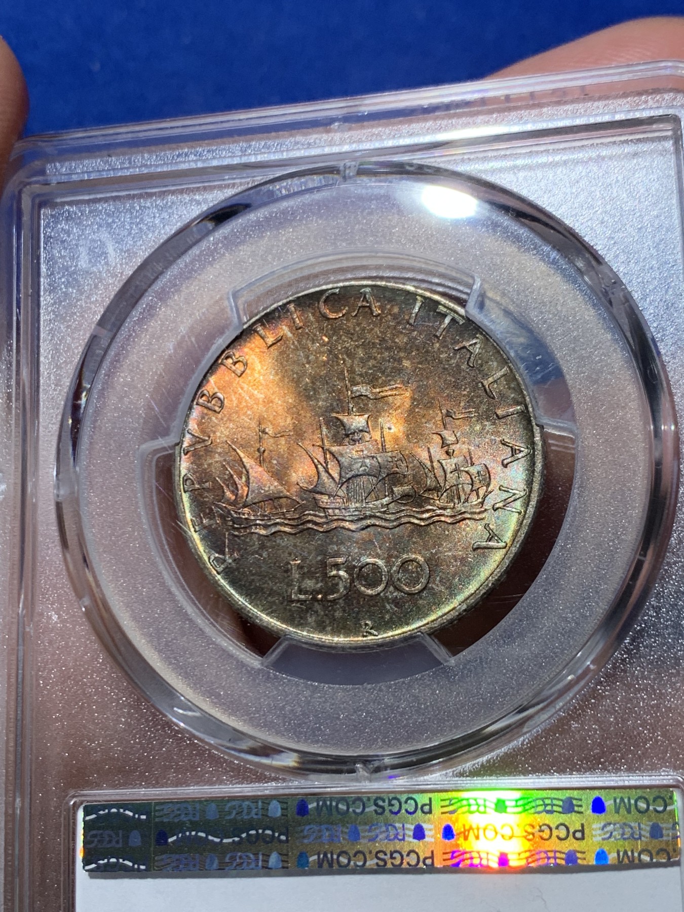 《竞宝斋》第245场-周日，周一 ，周二3场连拍 (全场包邮) PCGS MS65 意大利1966年帆船少女500里拉银币 浓厚色彩 可以换N博一搏星