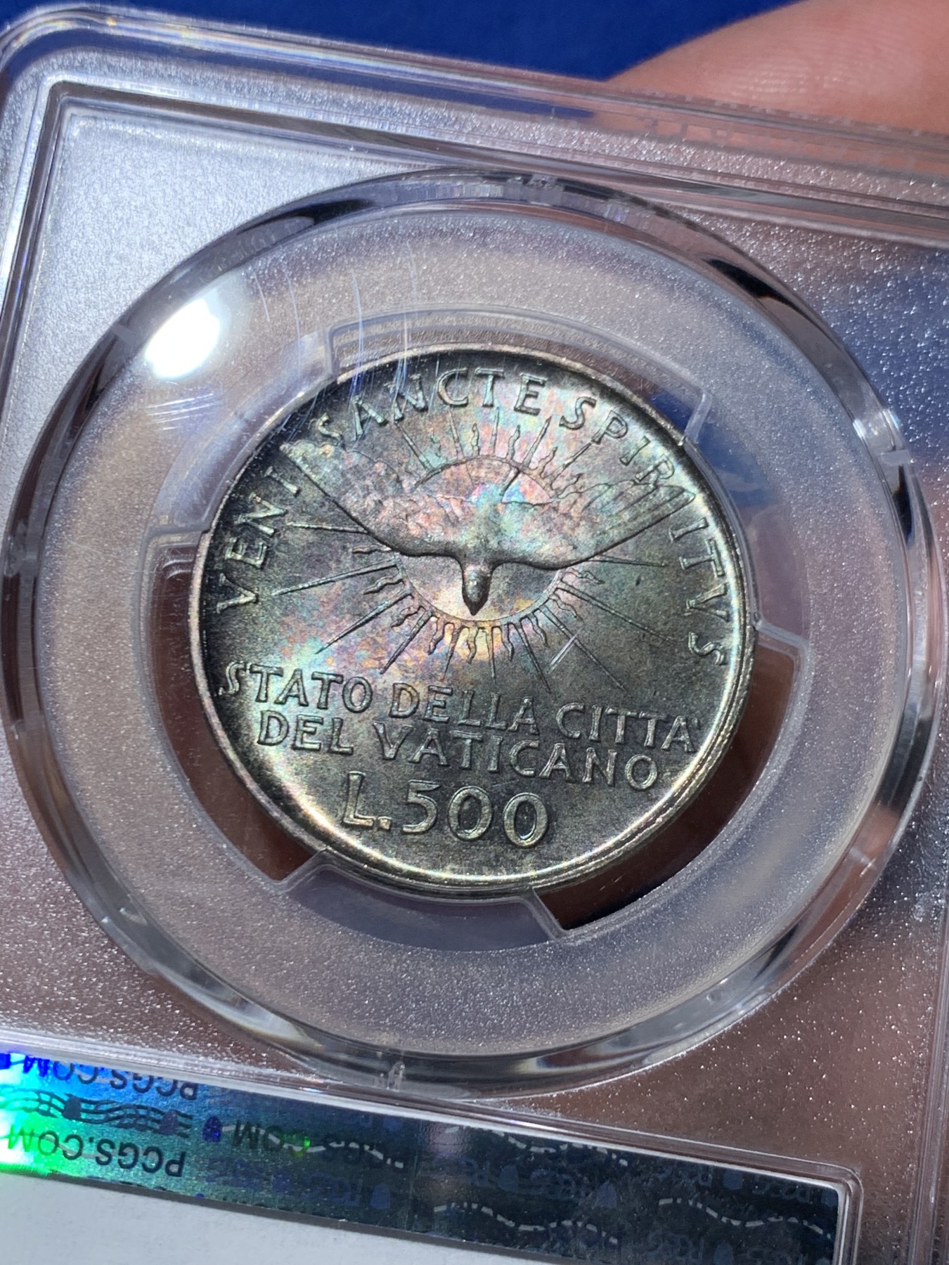 《竞宝斋》第245场-周日，周一 ，周二3场连拍 (全场包邮) PCGS MS66 梵蒂冈 1958年缺位500里拉银币 顶级转光炫彩