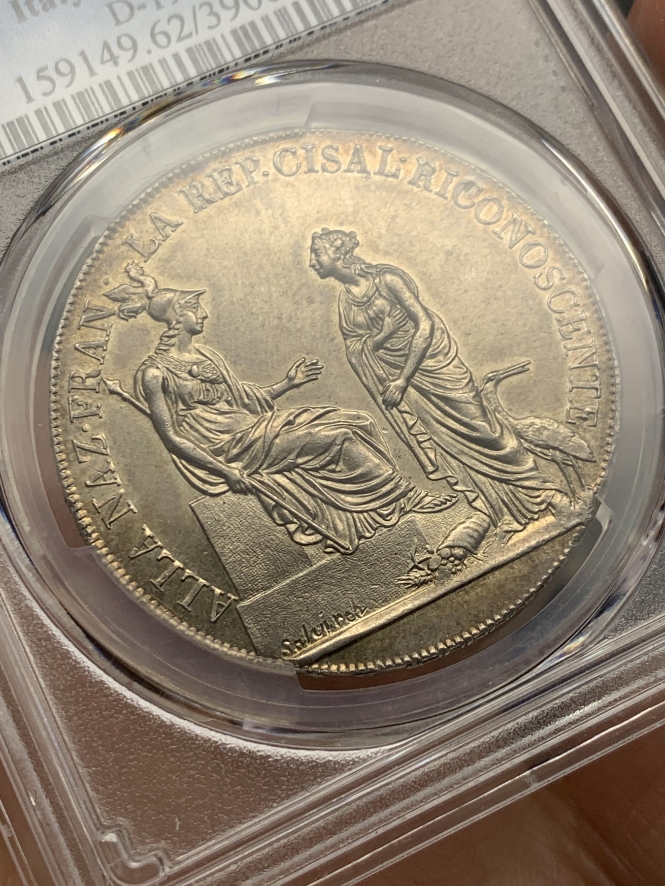 《竞宝斋》第245场-周日，周一 ，周二3场连拍 (全场包邮) PCGS-MS62 意大利山南共和国1800年Scudo大银币 阿尔卑斯南麓日出包浆