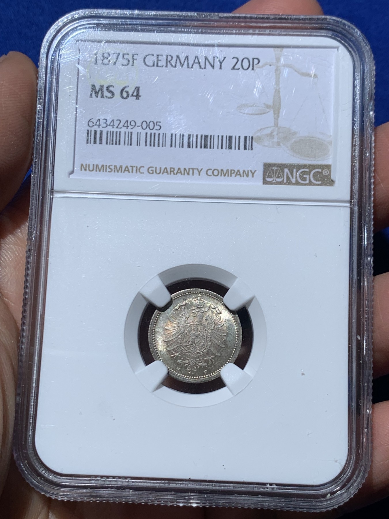 《竞宝斋》第245场-周日，周一 ，周二3场连拍 (全场包邮) NGC MS64 德国1875F 短翅鹰 20芬尼银币 黄油彩 少见品种